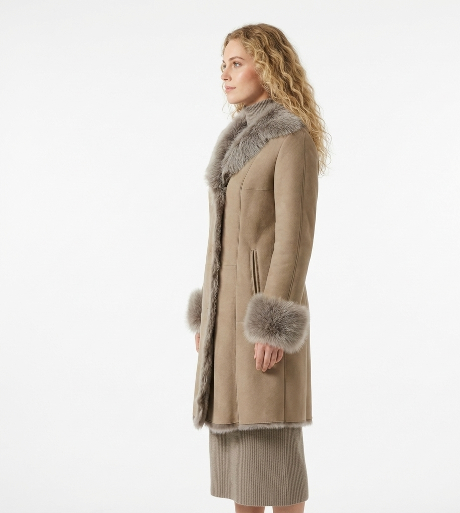 Women’s Taupe Fur Trim Mid-Length Winter Coat
