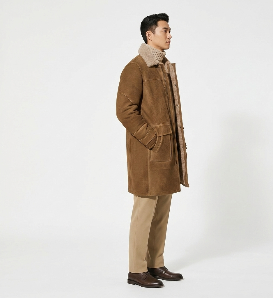 Men’s Suede Shearling Coat – Zip-Front Wool Lined Jacket