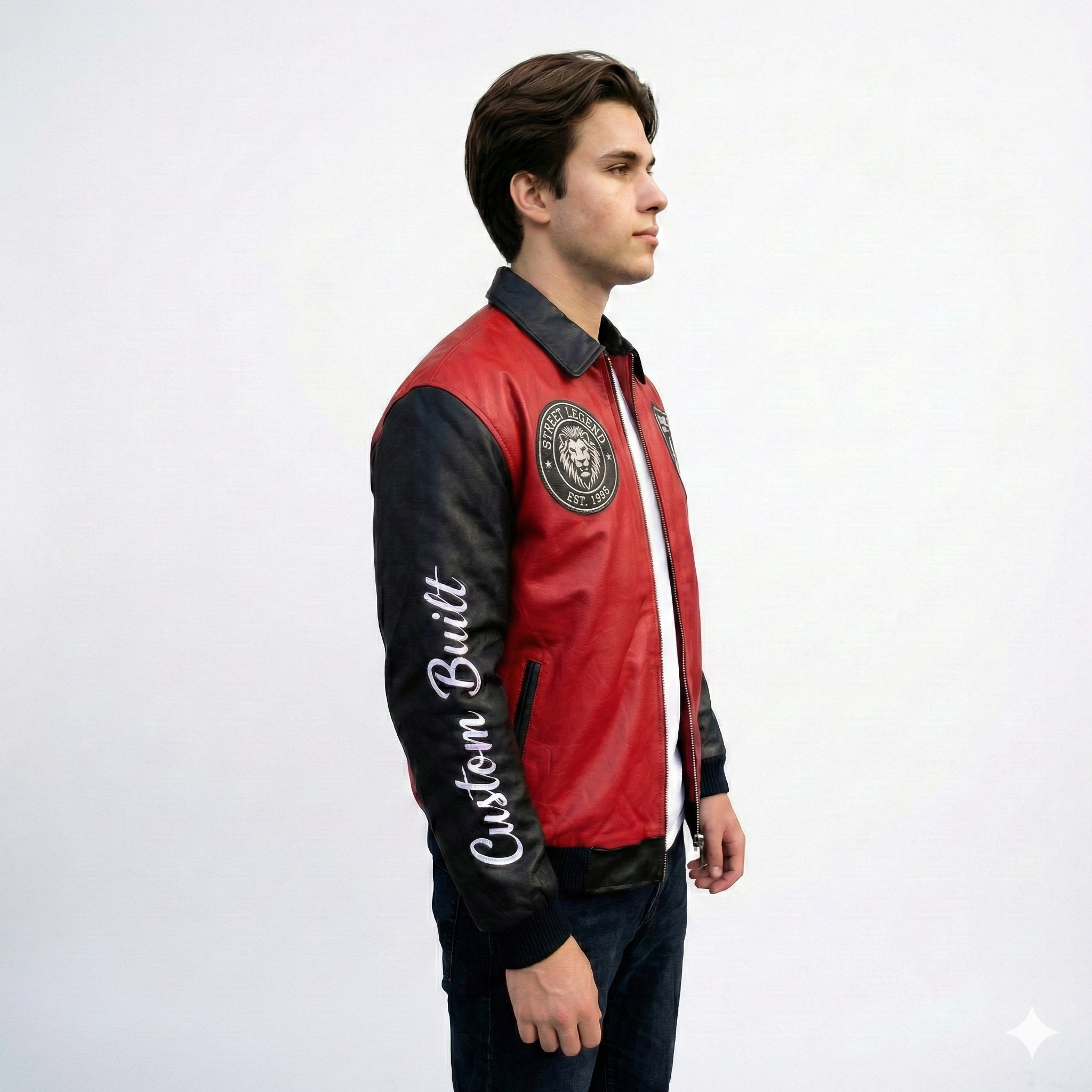 Men’s Red & Black Varsity Leather Jacket – Wolf Pack Streetwear