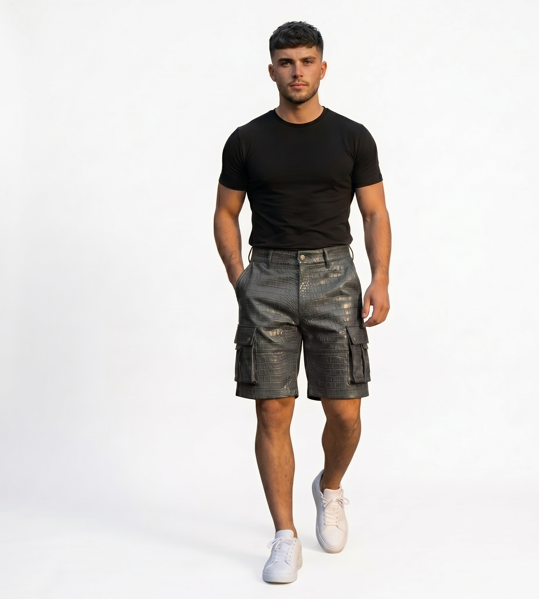 Men’s Gray Crocodile Embossed Cargo Shorts – Designer Streetwear