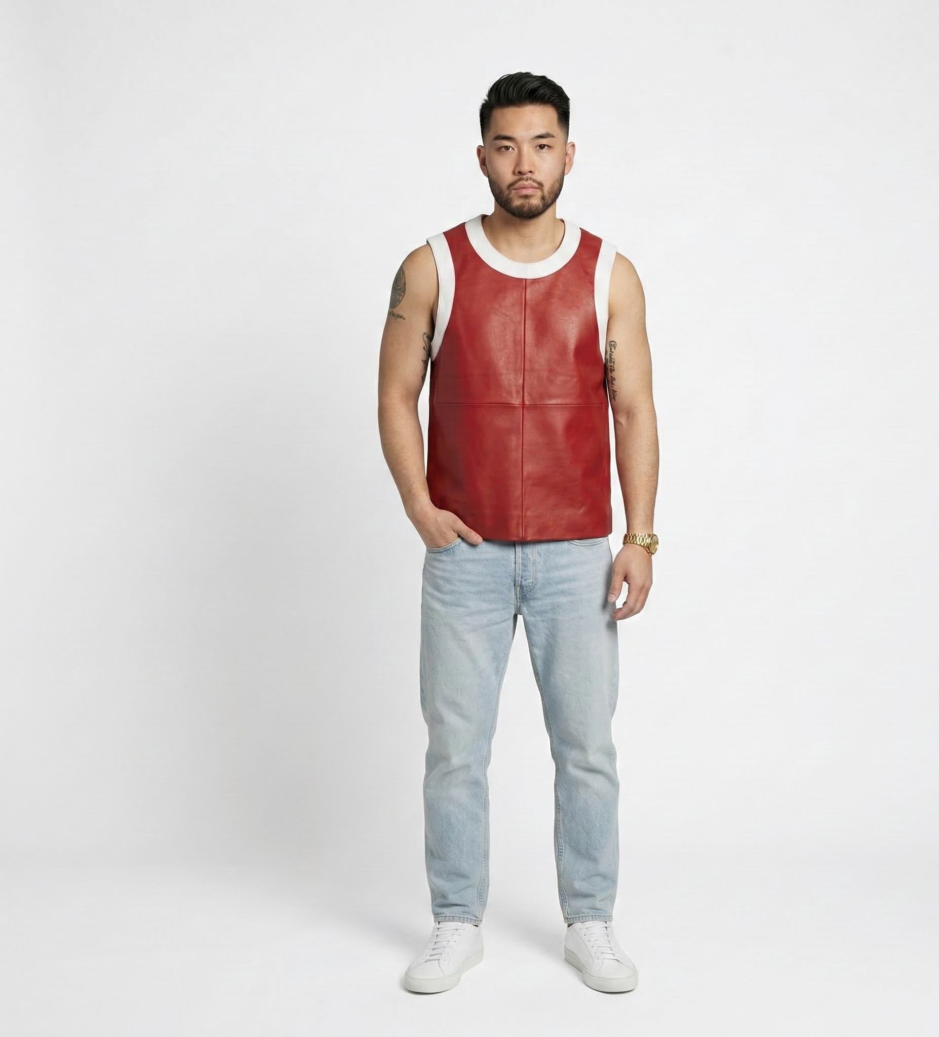 Premium Red Leather Men’s Vest with White Trim
