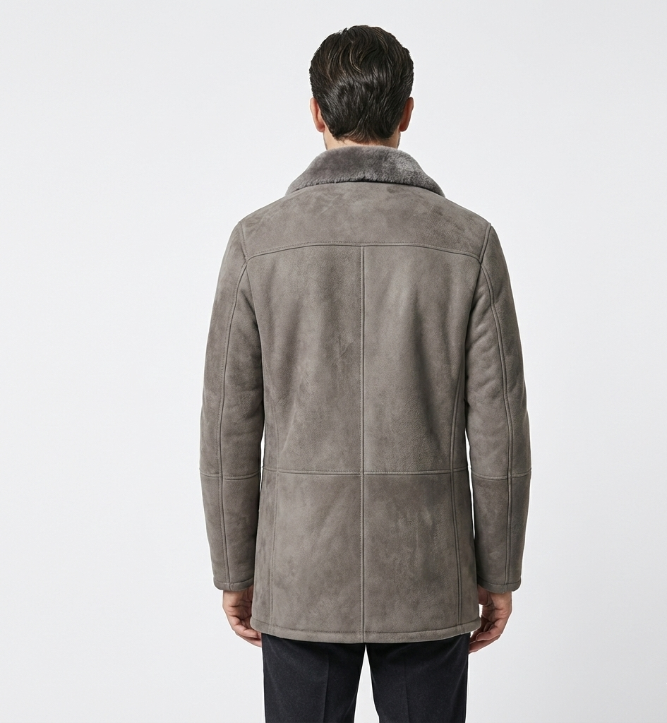 Men’s Grey Shearling-Lined Jacket | Winter Zip Coat