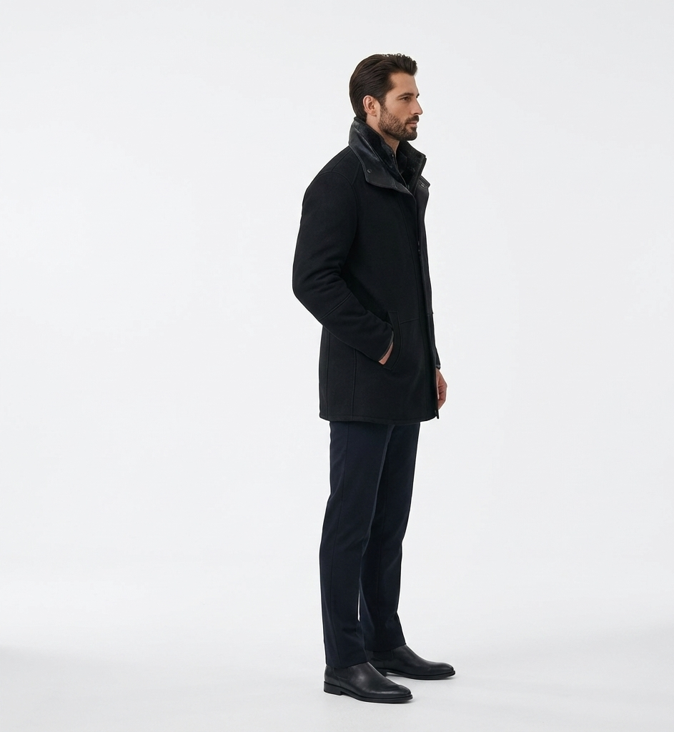 Men’s Modern Winter Coat – Black Mid-Length Zip & Button Jacket