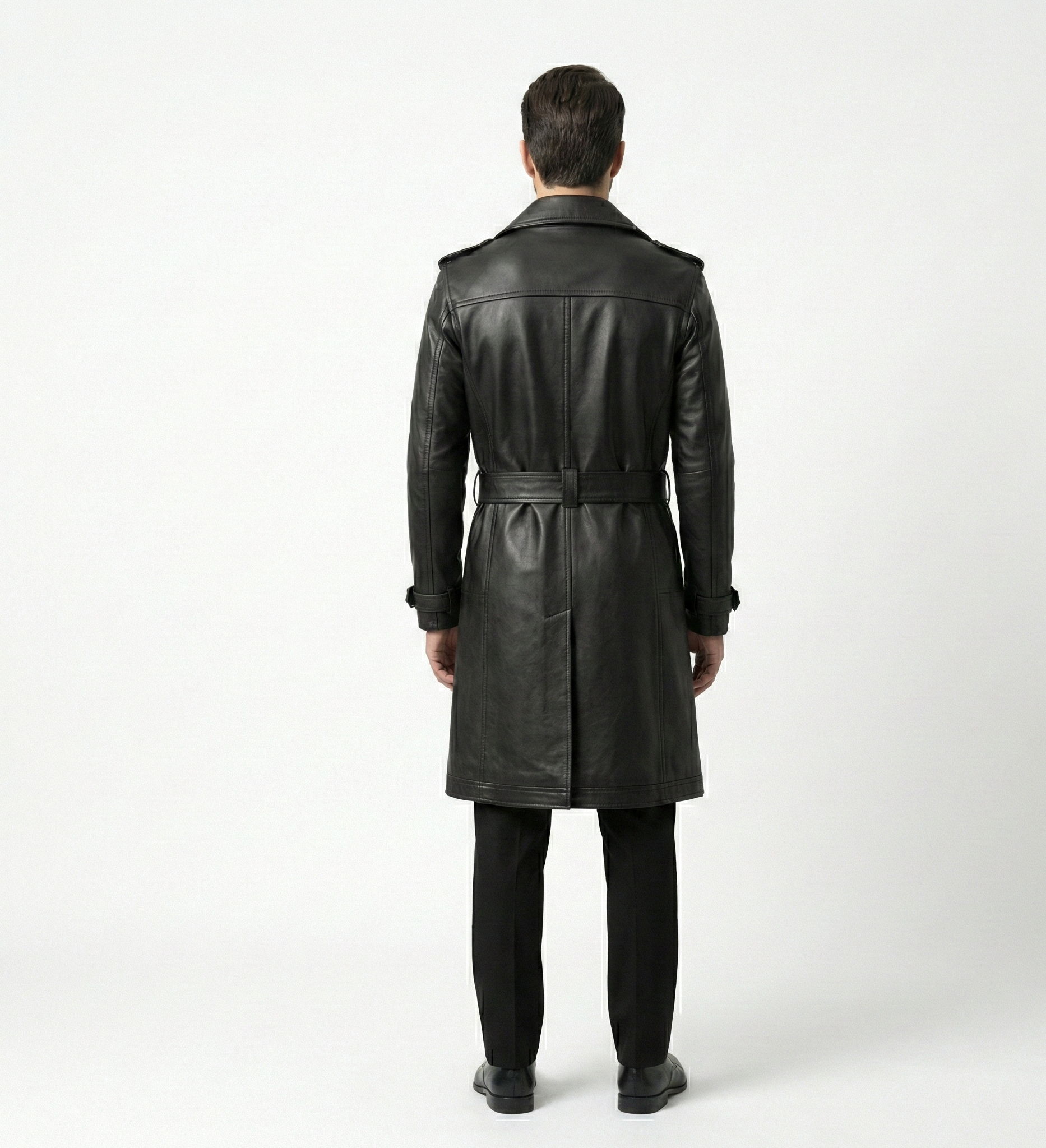 Men’s Black Leather Double-Breasted Belted Trench Coat