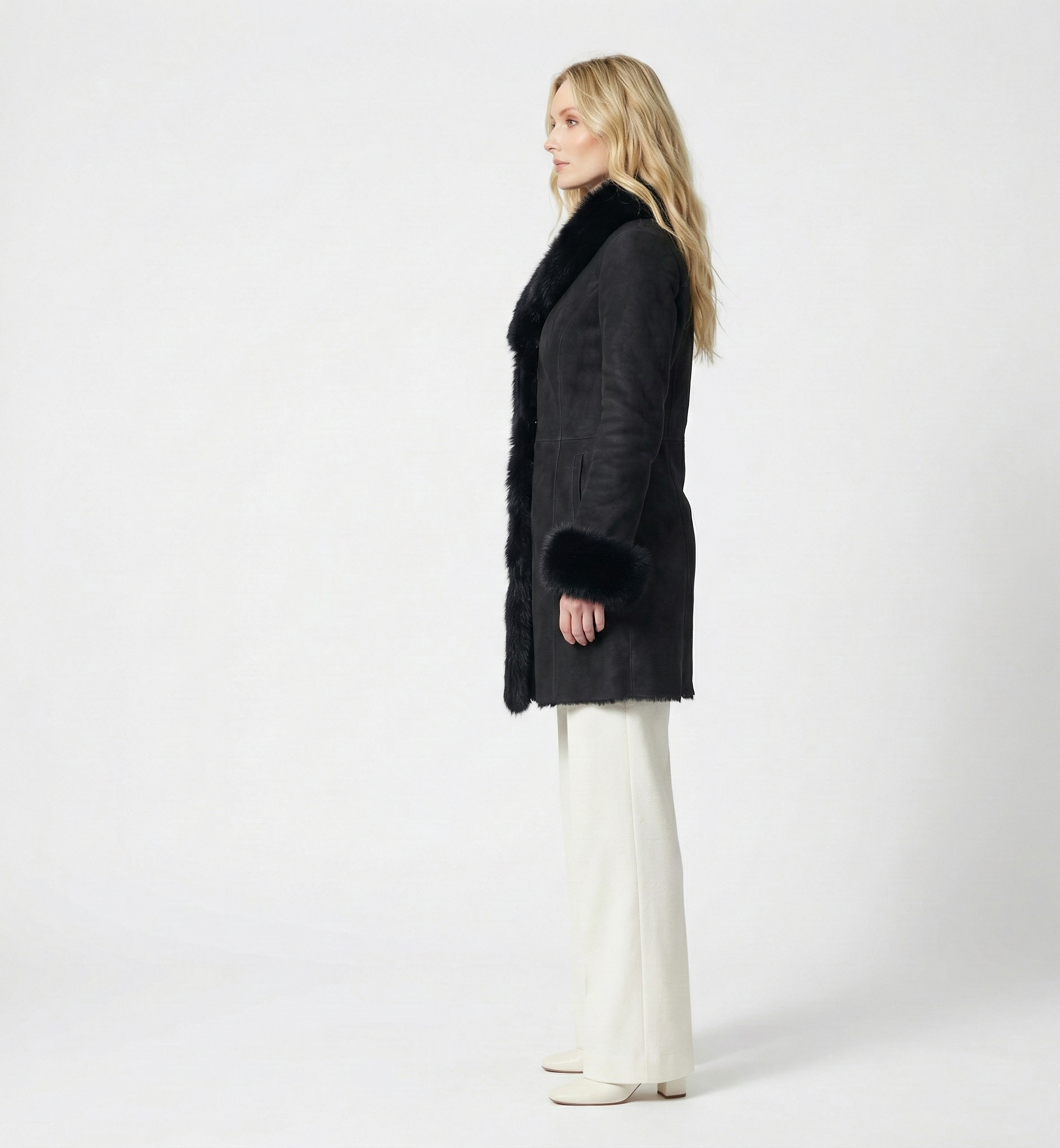 Women’s Black Fur Trim Winter Coat with Fur Collar