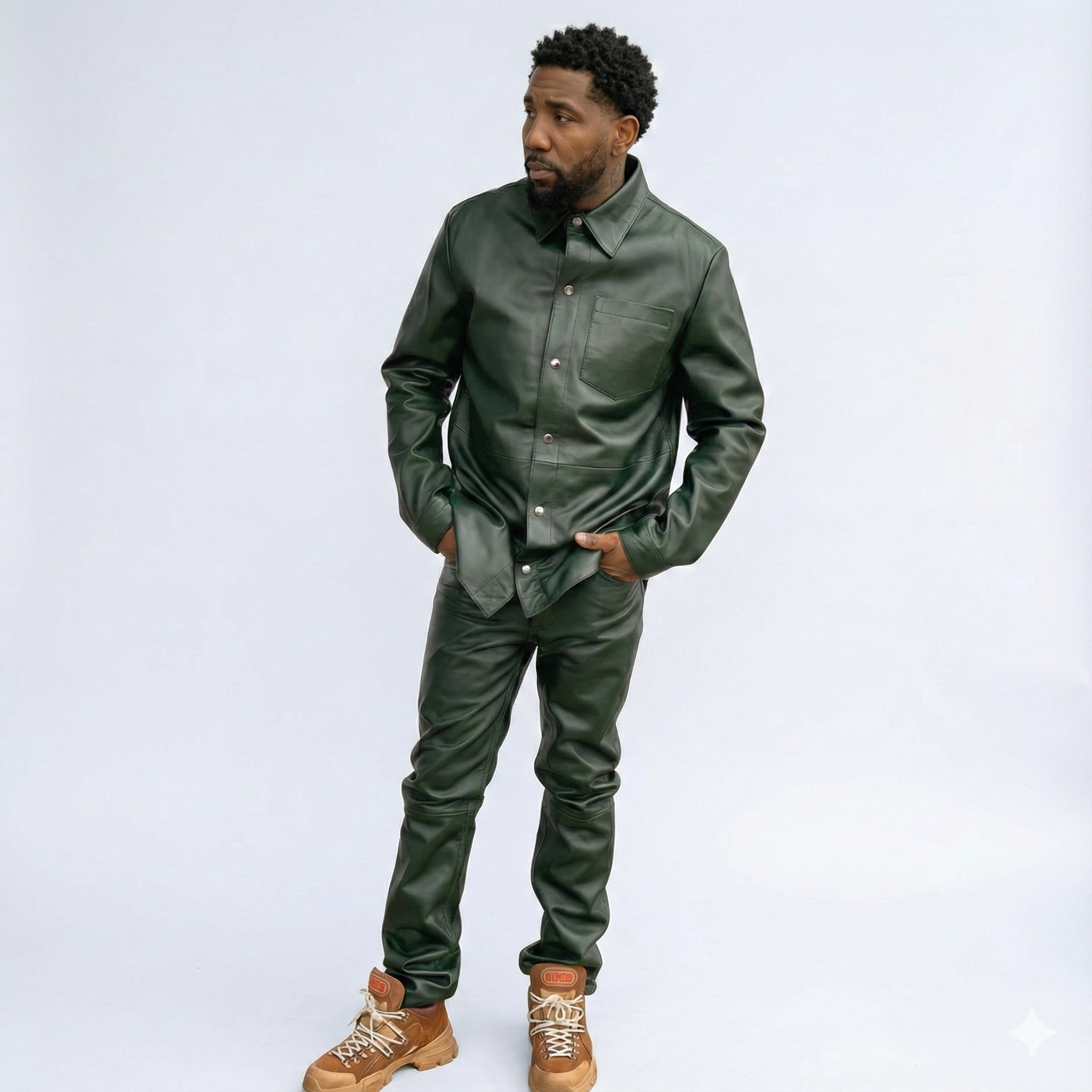 Men’s Green Leather Jacket & Pants Set with Utility pockets