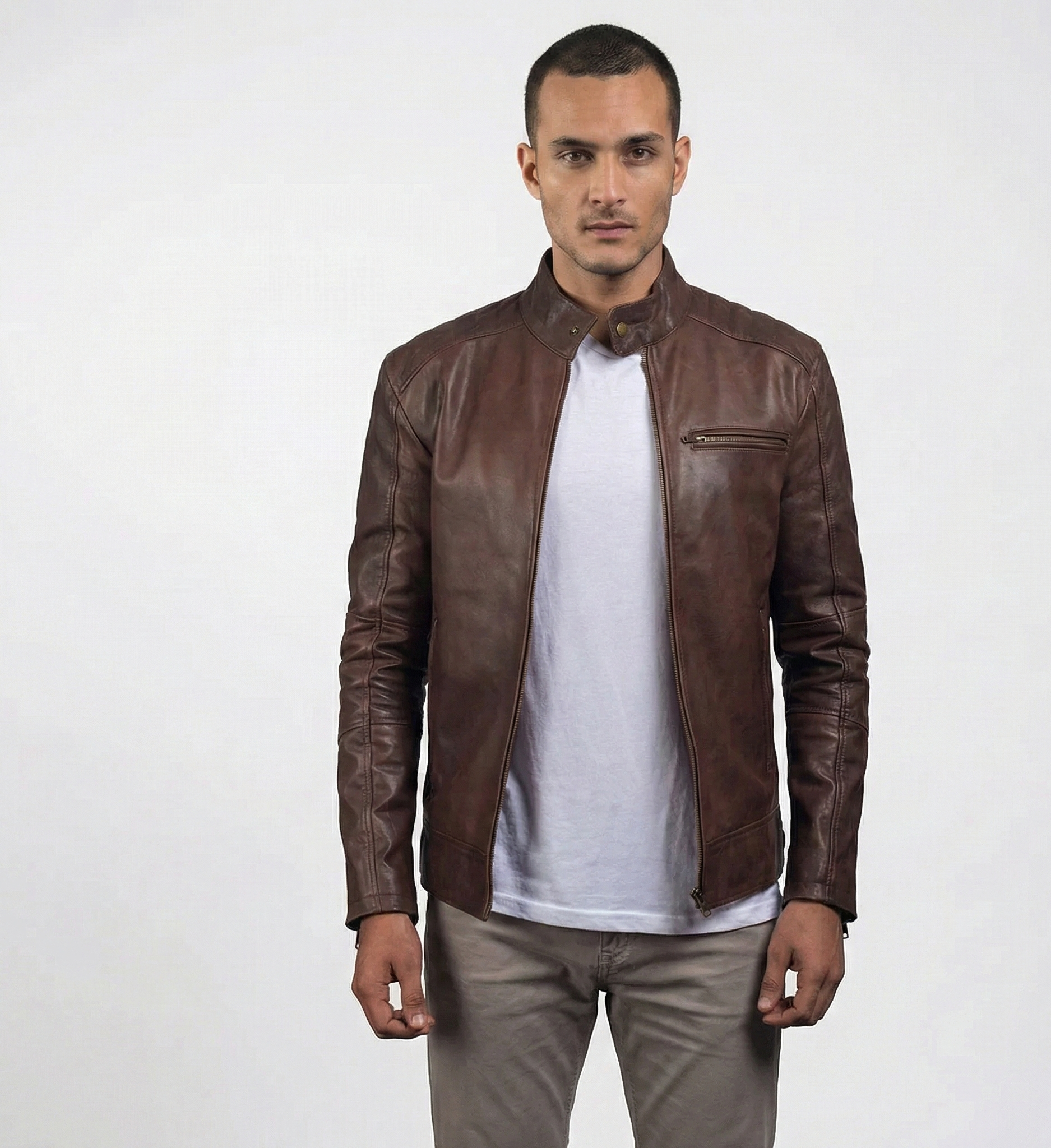 Men’s Brown Leather Moto Jacket – Classic Stand Collar