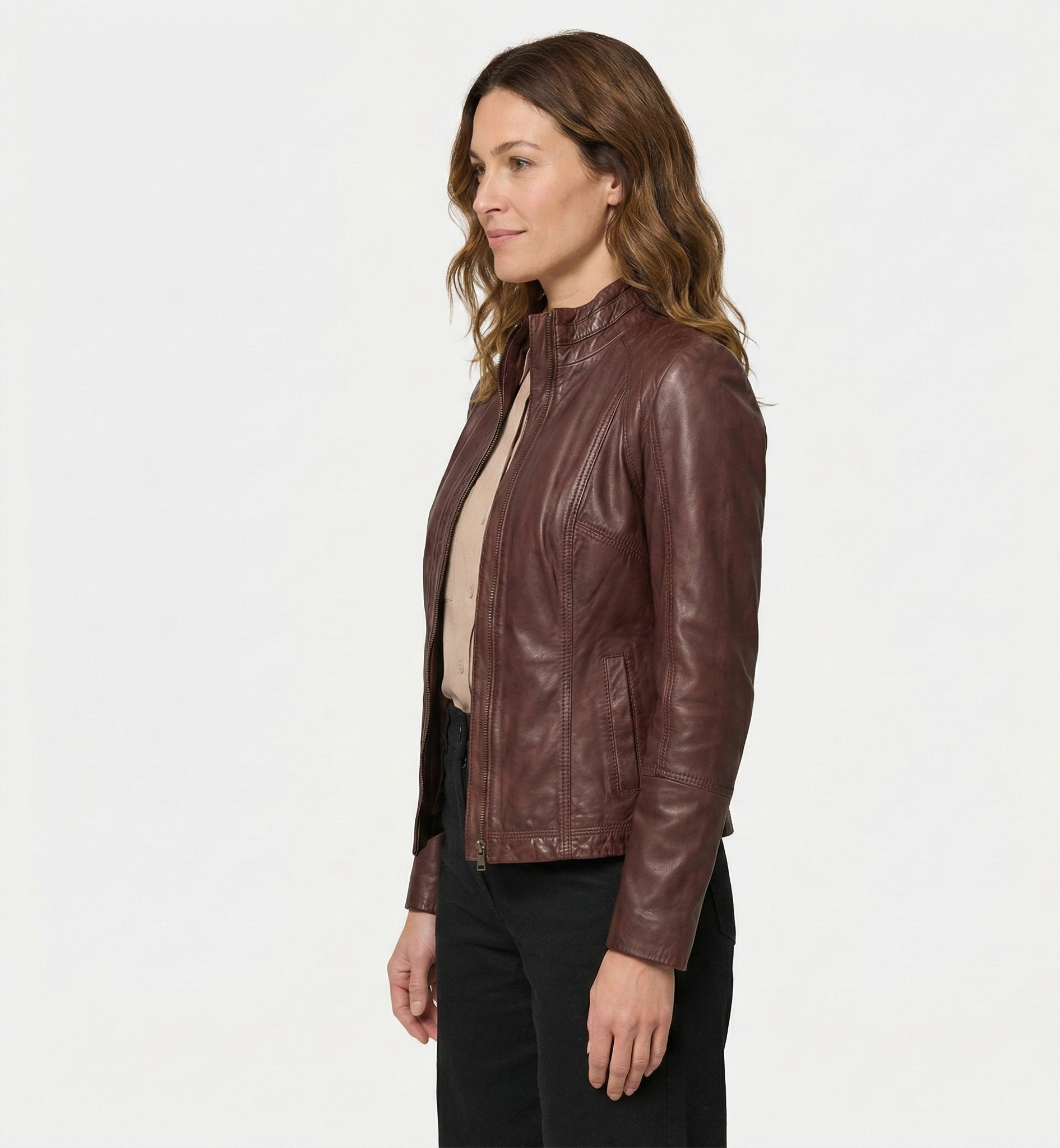 Women’s Brown Leather Jacket with Stand Collar