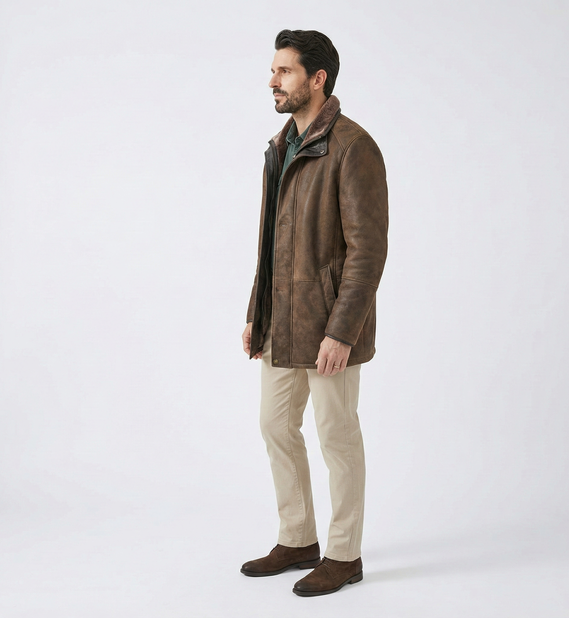 Men’s Leather Shearling Jacket – Brown Mid-Length Winter Coat