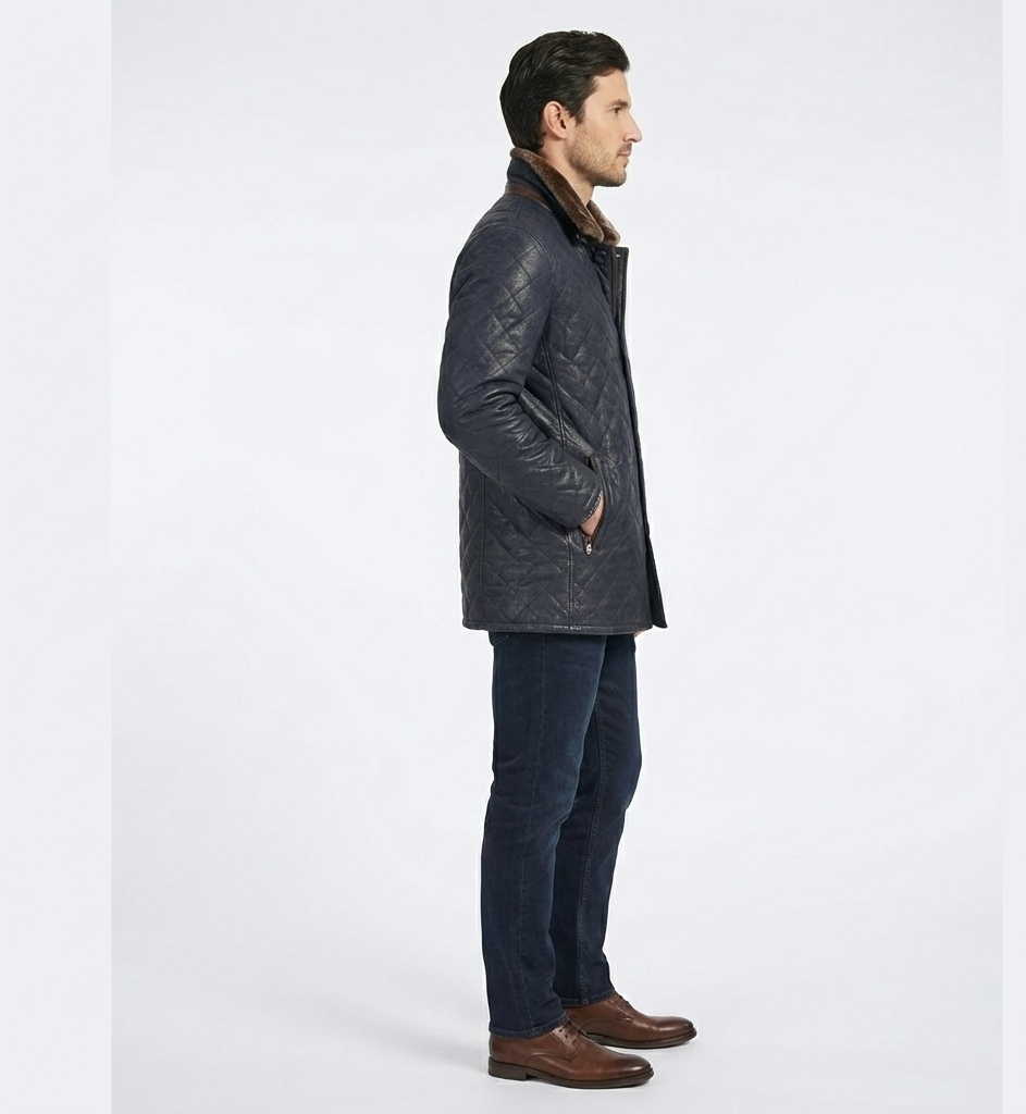 Men’s Quilted Shearling Collar Jacket – Navy Mid-Length Winter Coat
