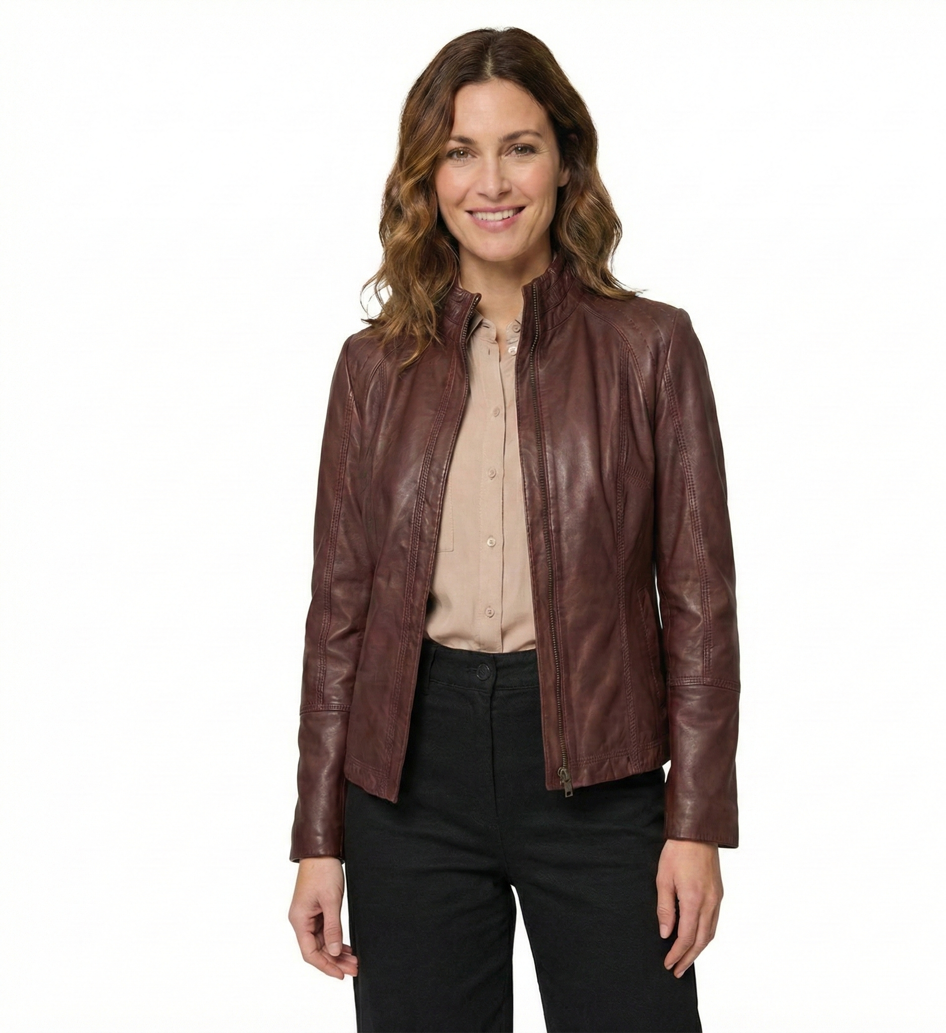 Women’s Brown Leather Jacket with Stand Collar