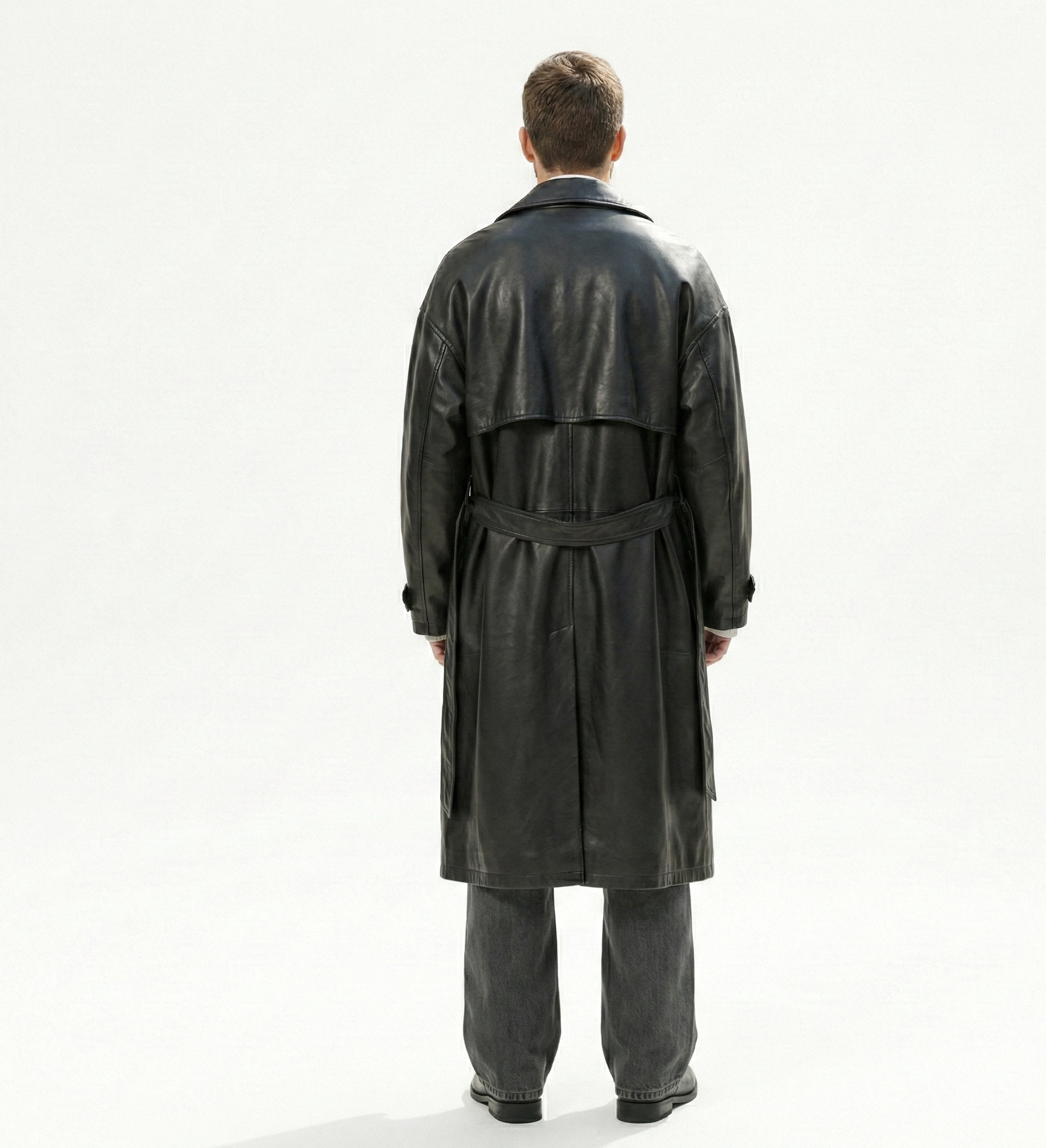 Men’s Black Leather Trench Coat – Relaxed Modern Outerwear