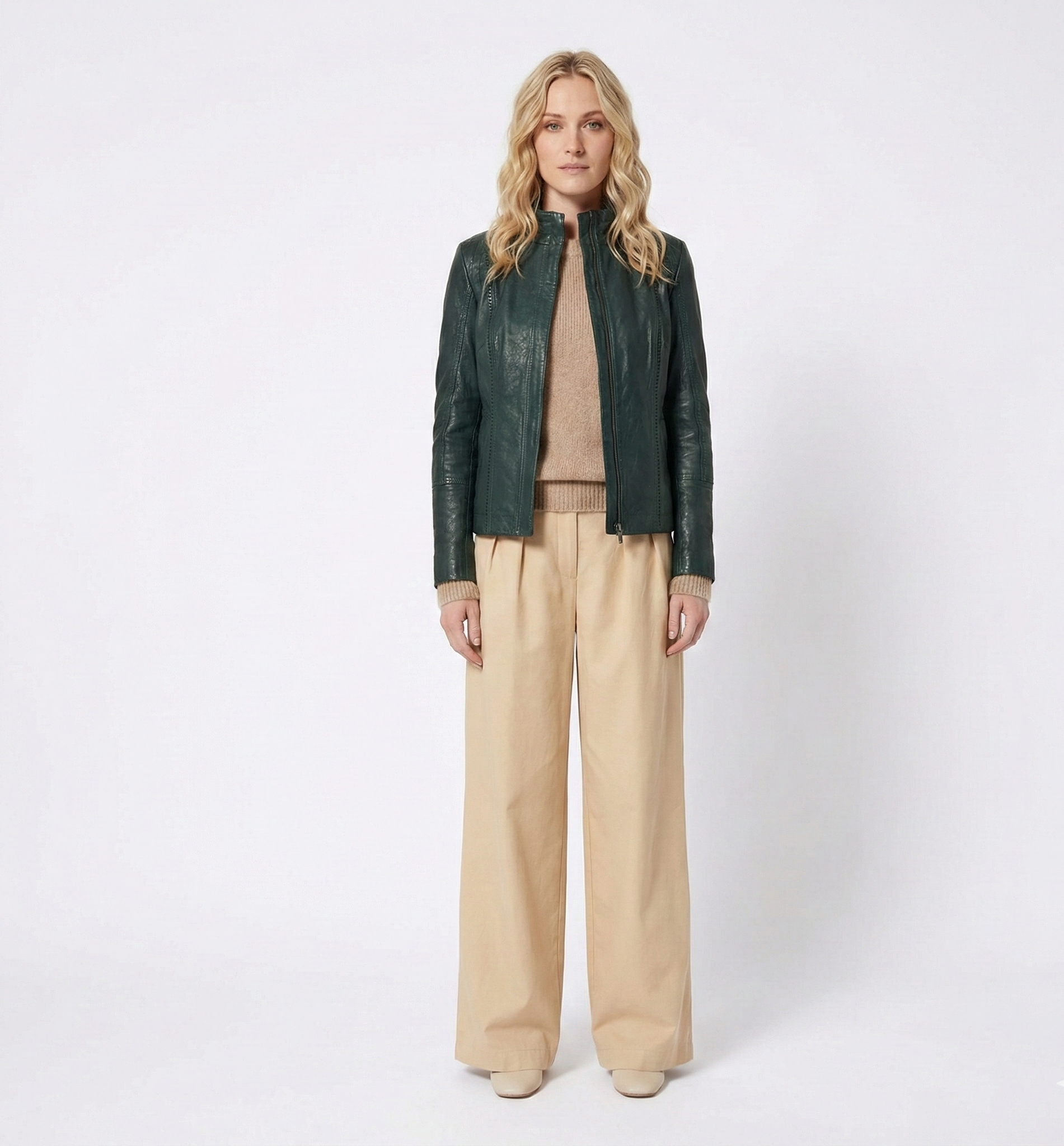 Women’s Dark Green Leather Jacket with Zip Front