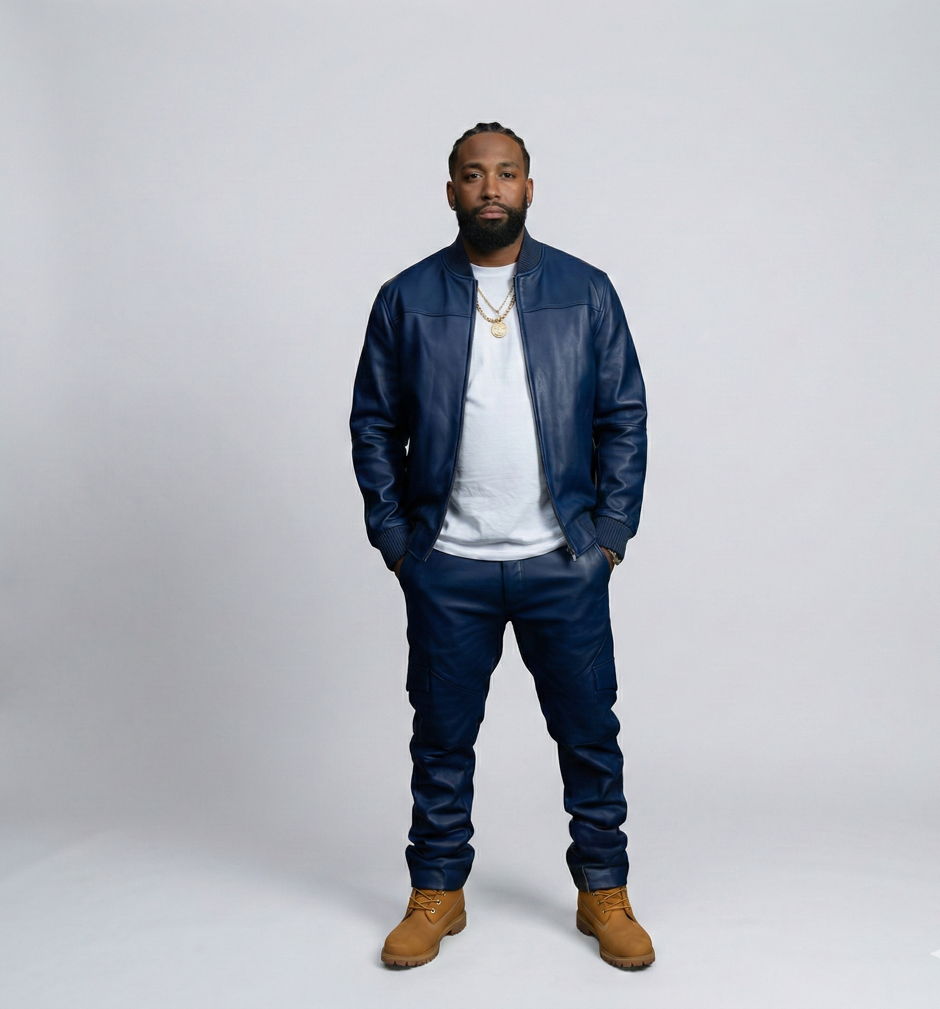 Men’s Navy Blue Leather Tracksuit Set – Casual Streetwear Outfit