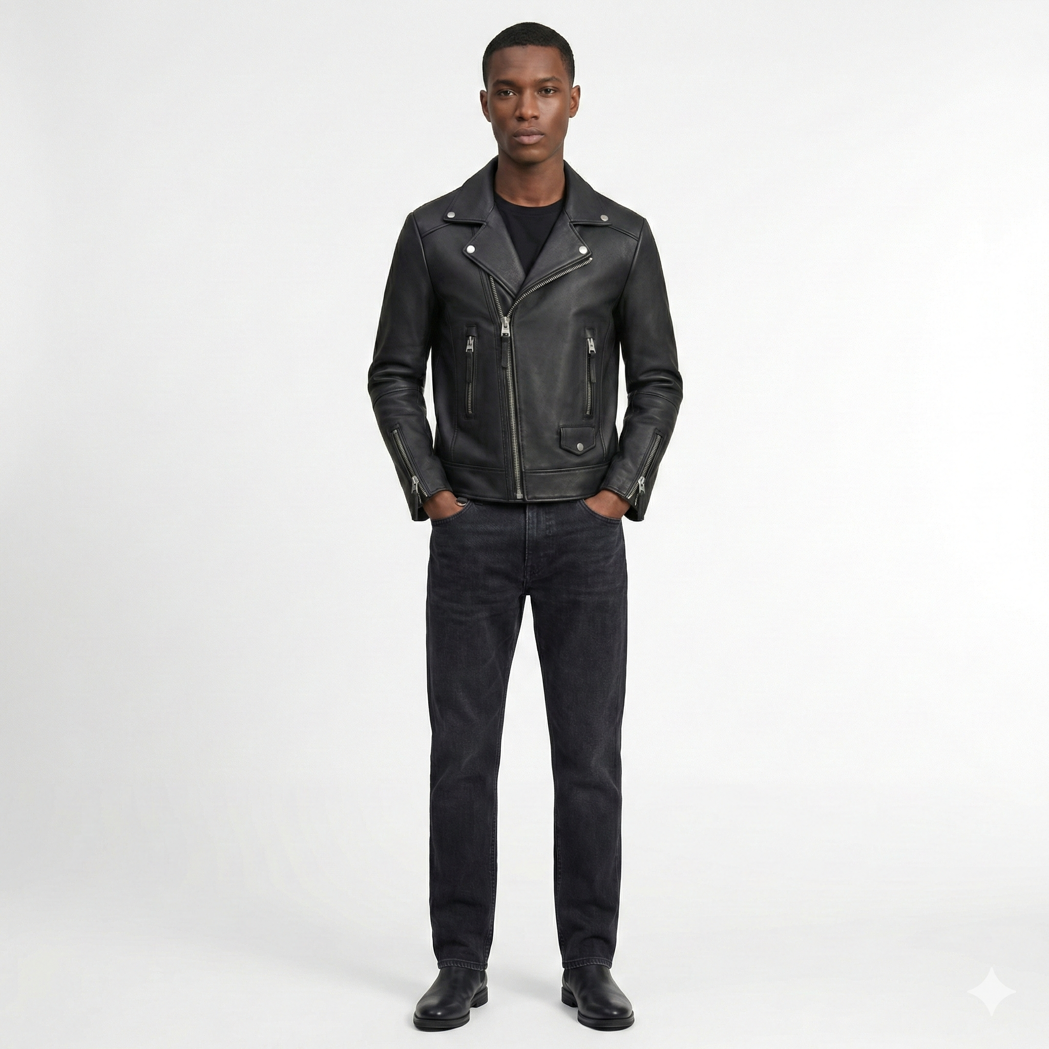 Men’s Black Leather Biker Jacket – Classic Moto Zip Style
