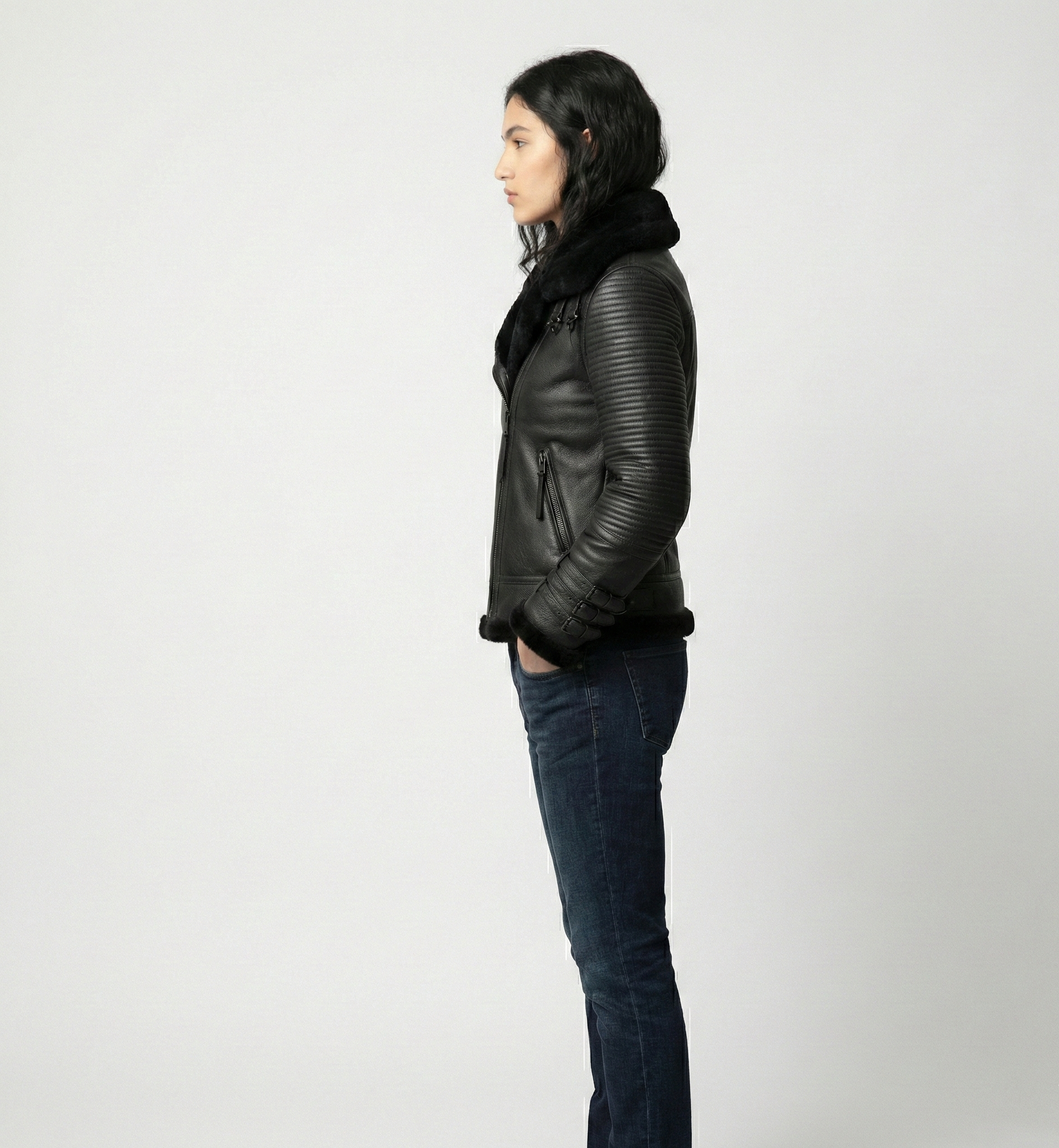 Women’s Black Shearling Biker Jacket with Zip Front & Ribbed Sleeves