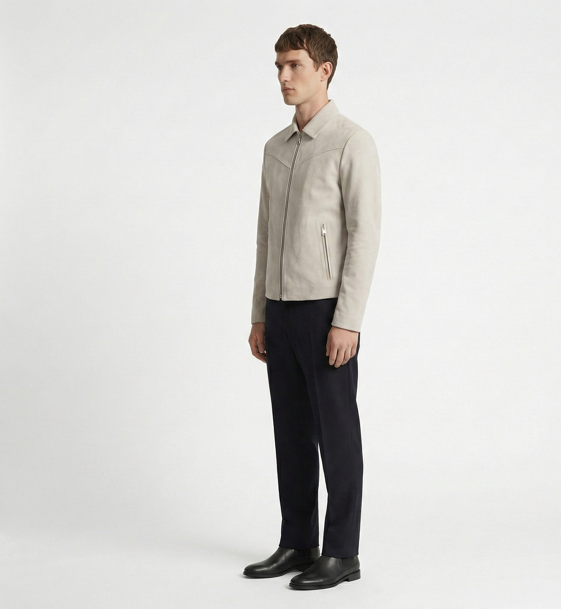 Men’s Light Beige Leather Zip Jacket – Clean Modern Fit
