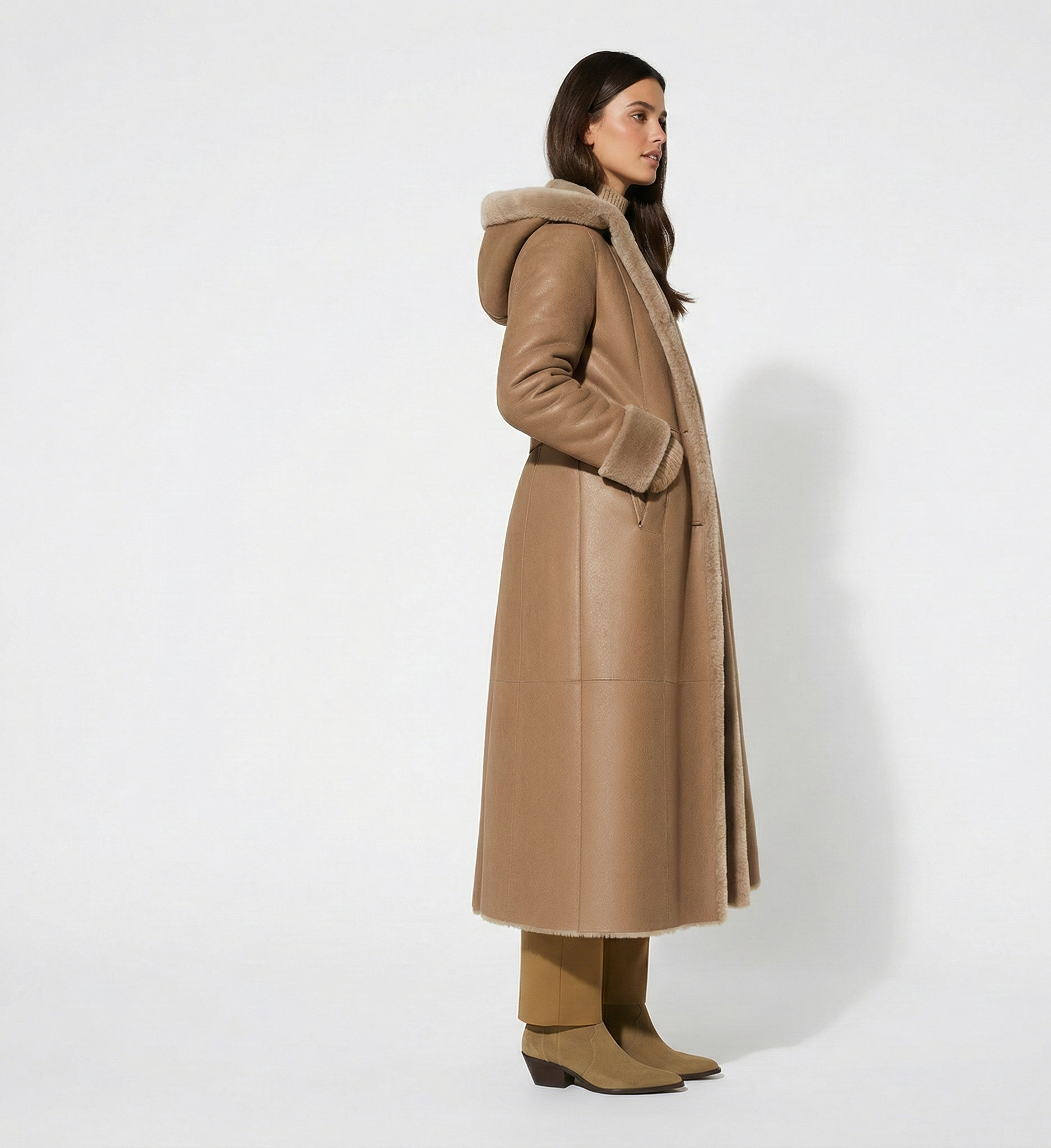 Women’s Taupe Shearling Trim Mid-Length Winter Coat