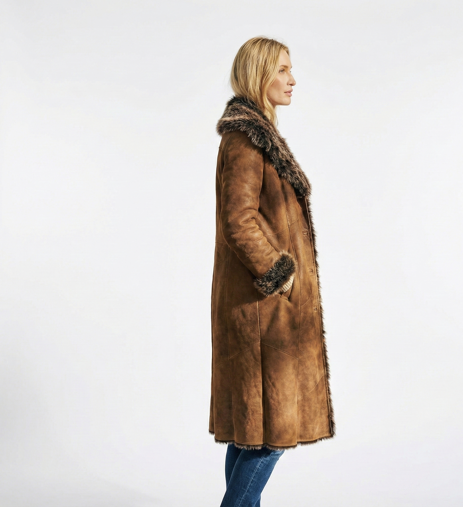 Women’s Brown Shearling Trim Mid-Length Winter Coat