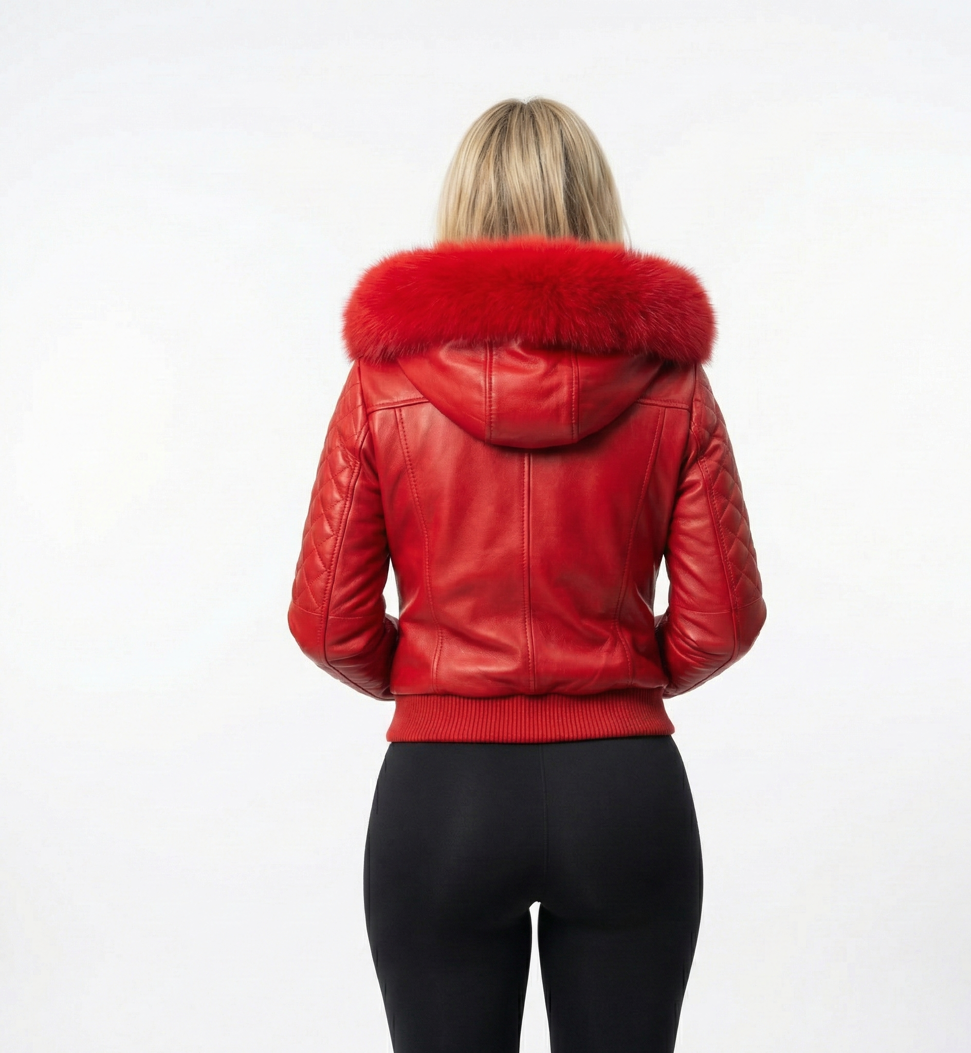 Women’s Red Leather Jacket with Quilted Design & Fur Hood