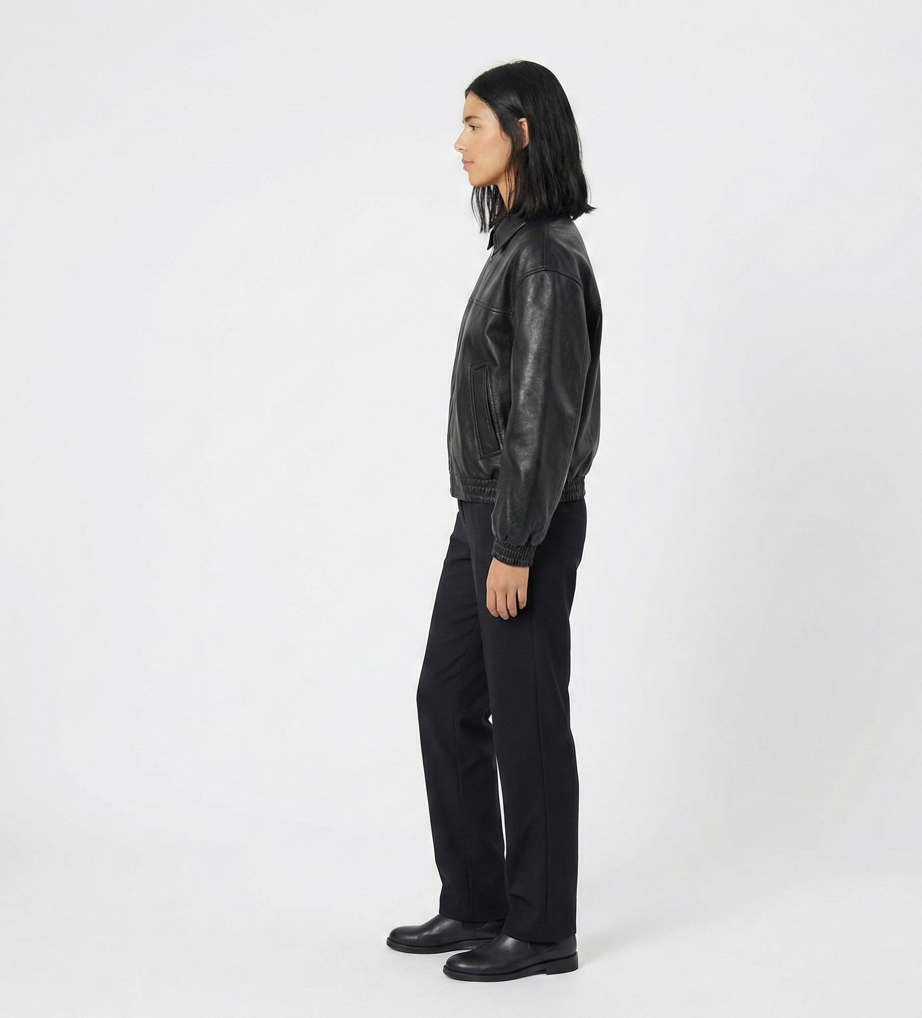 Modern Fit Black Leather Bomber Jacket for Women