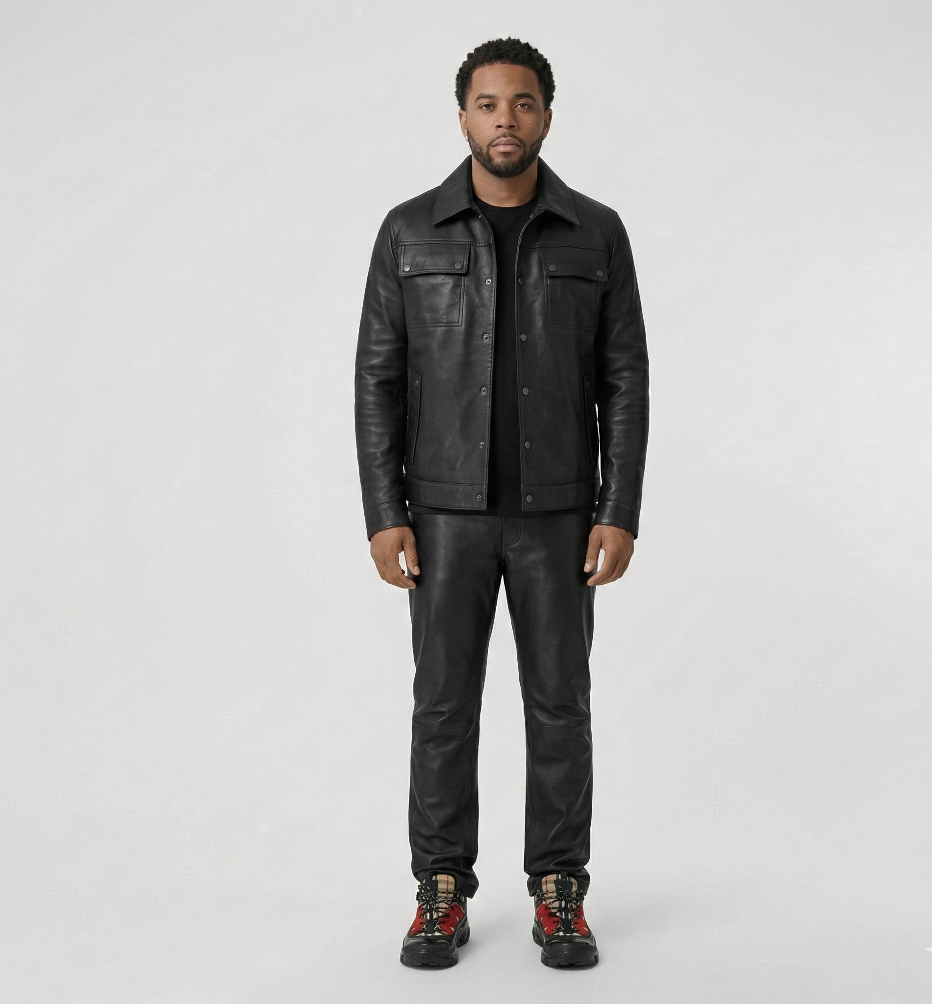 Men’s Black Leather Jacket and Pants Set Streetwear Outfit