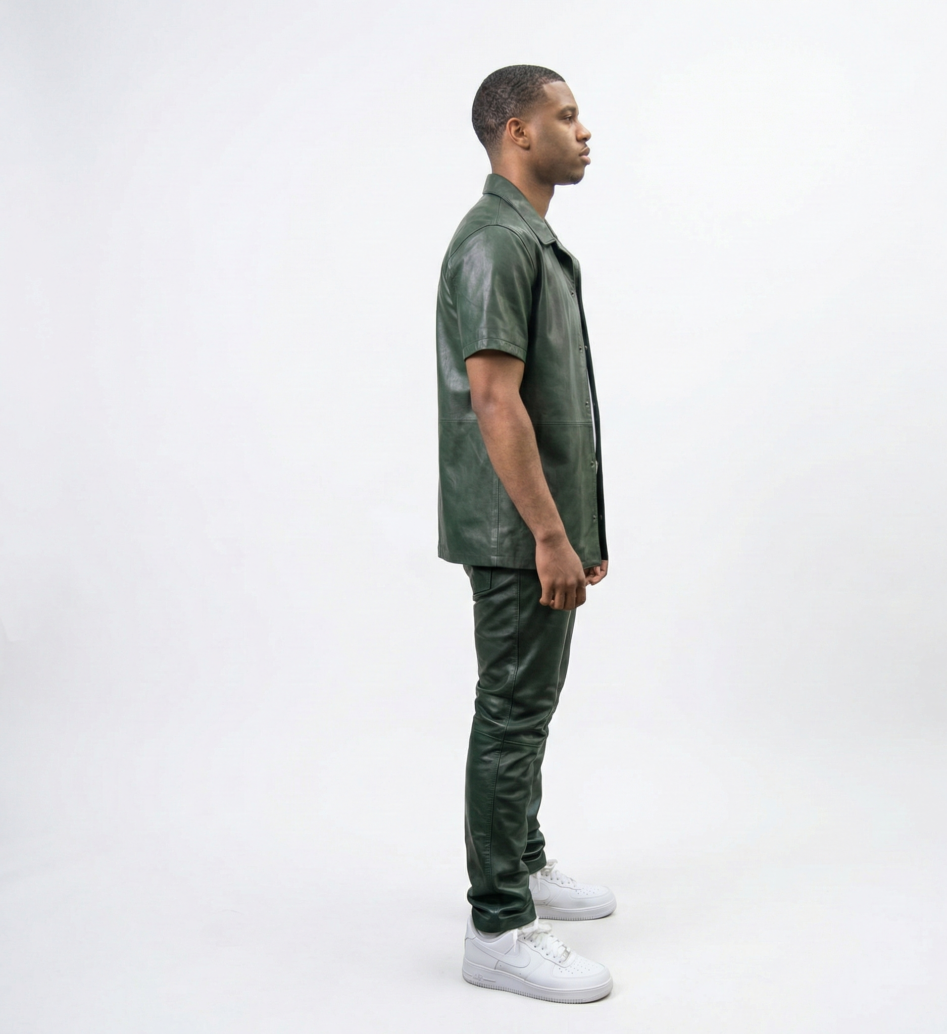 Men’s Dark Green Short Sleeve Leather Shirt and Pants Set