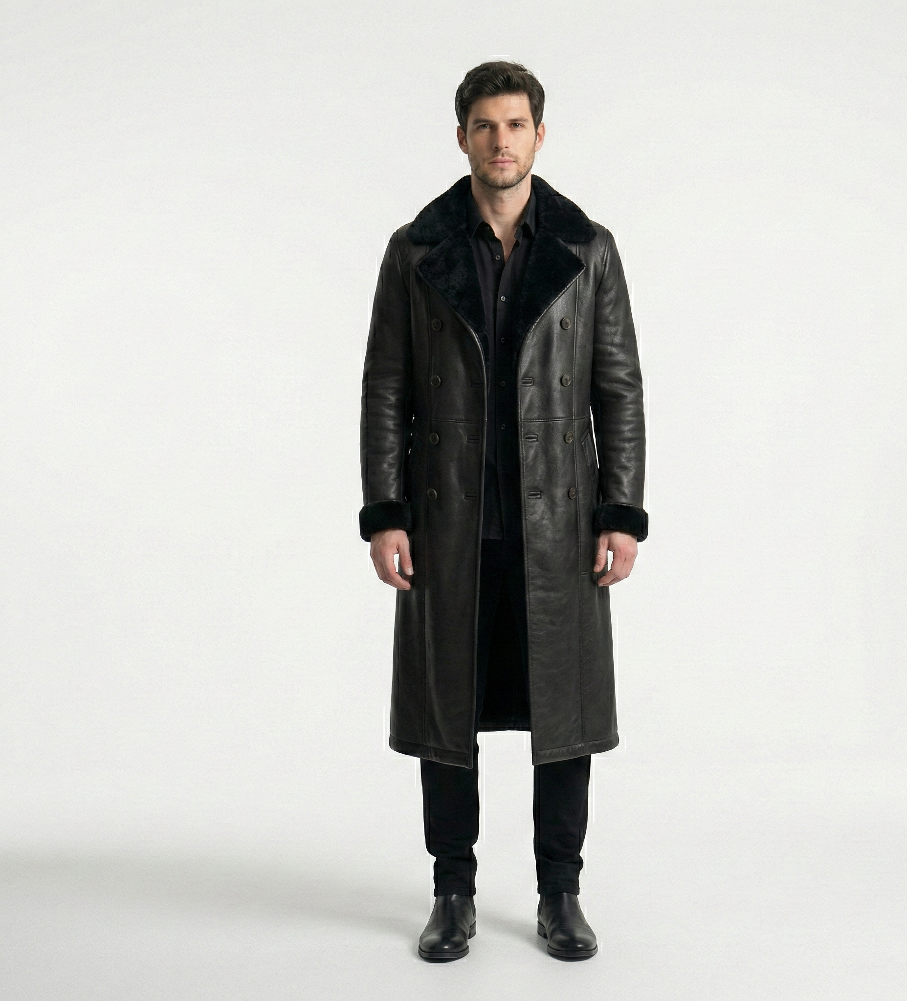 Men’s Black Leather Shearling Trench Coat – Winter Outerwear