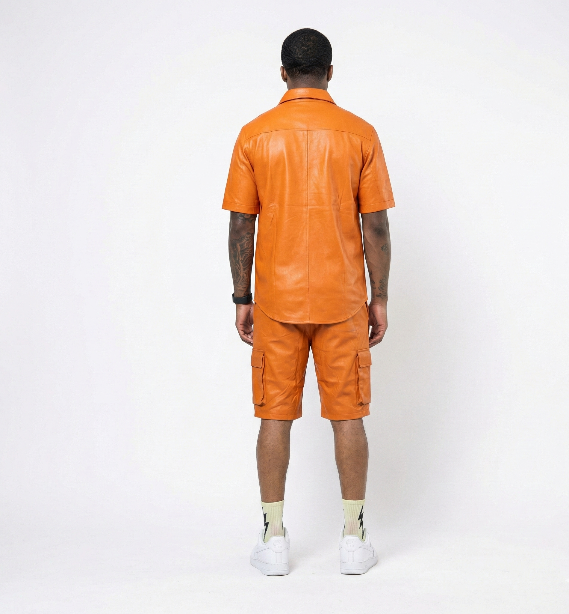 Men’s Orange Leather Cargo Shorts – Casual Street Fit