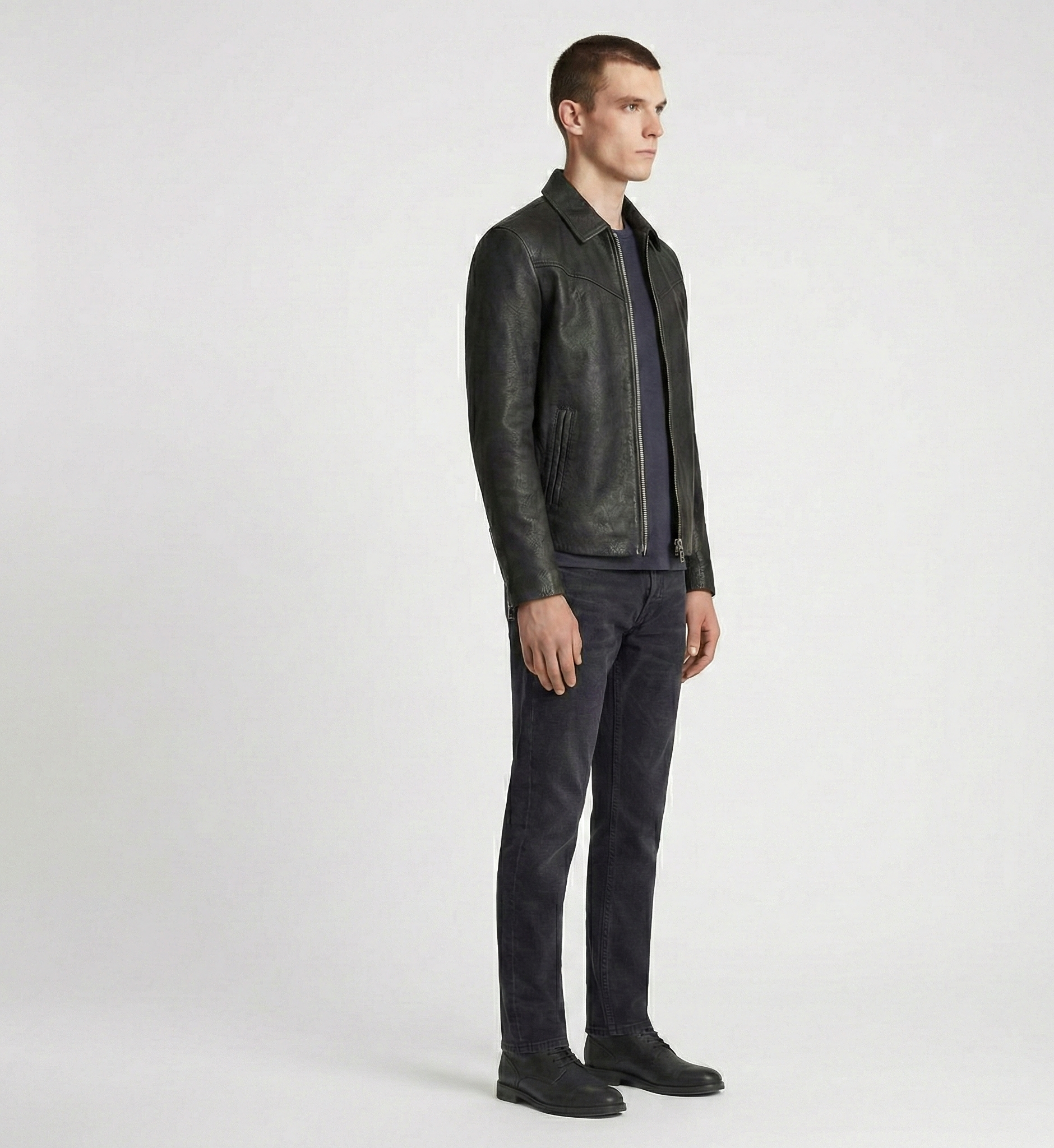 Men’s Black Leather Zip Jacket – Modern Slim Fit