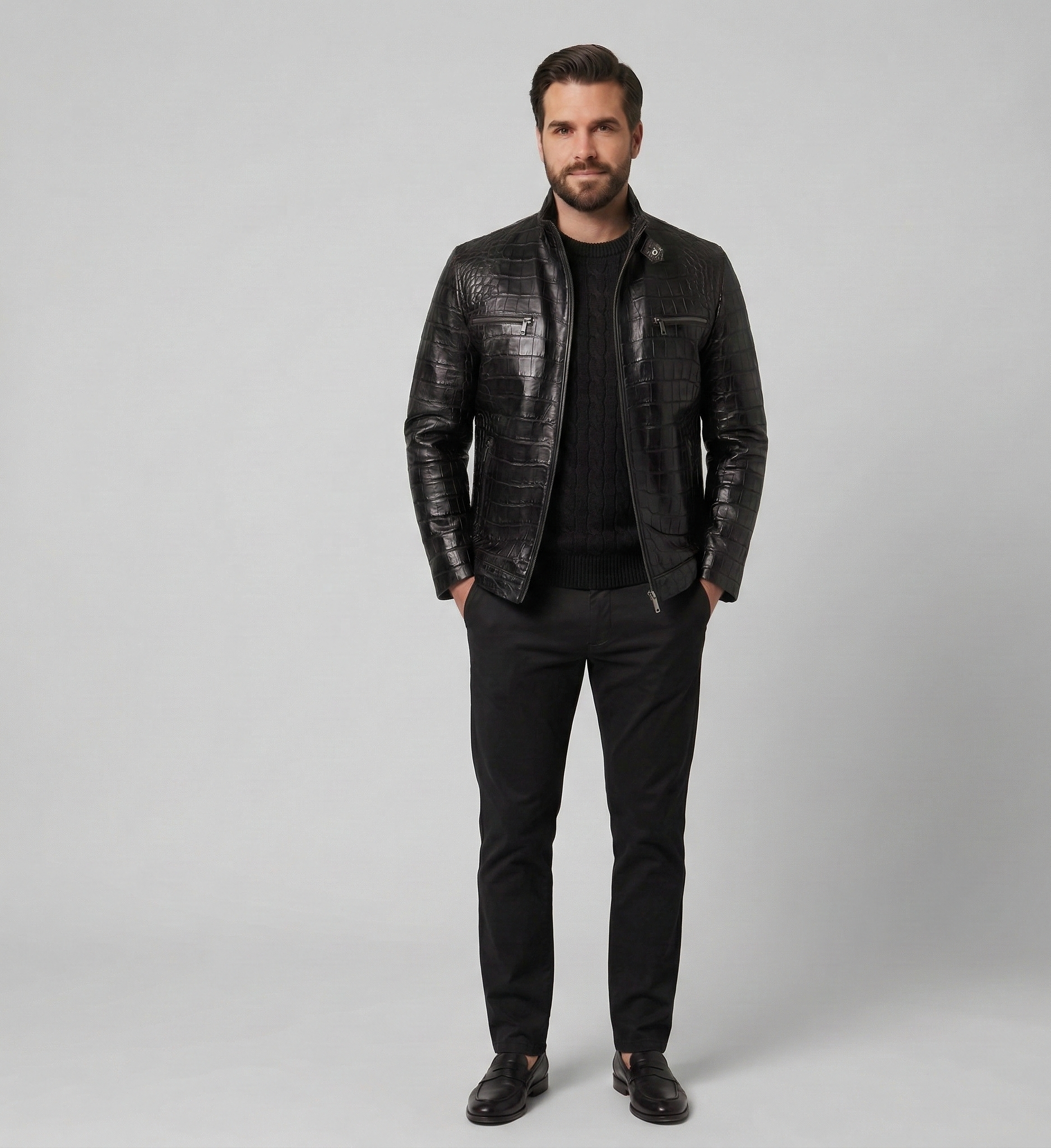 Luxury Men’s Black Crocodile Embossed Leather Jacket – Modern Slim Fit