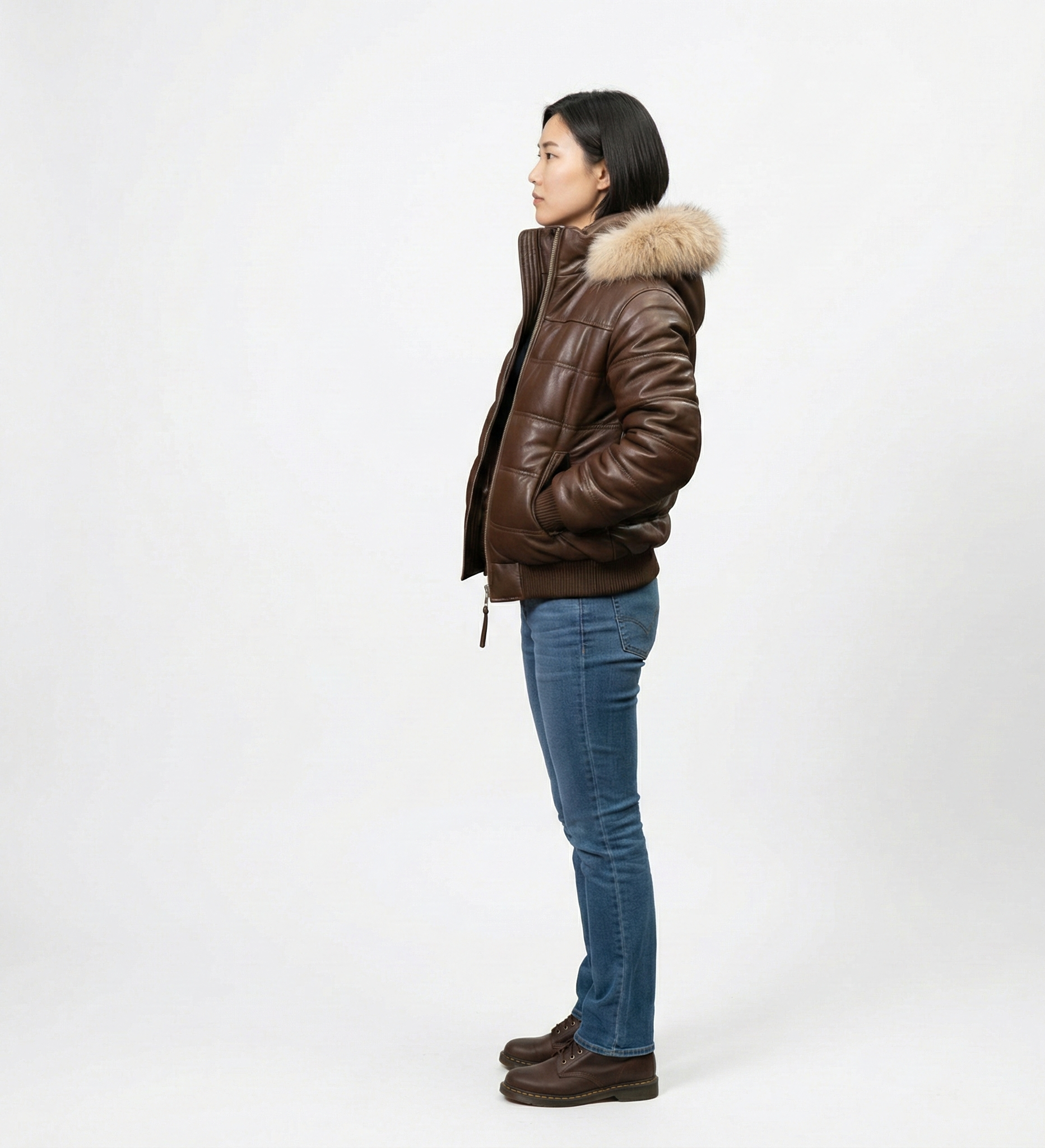 Women’s Brown Leather Puffer Jacket with Fur Collar