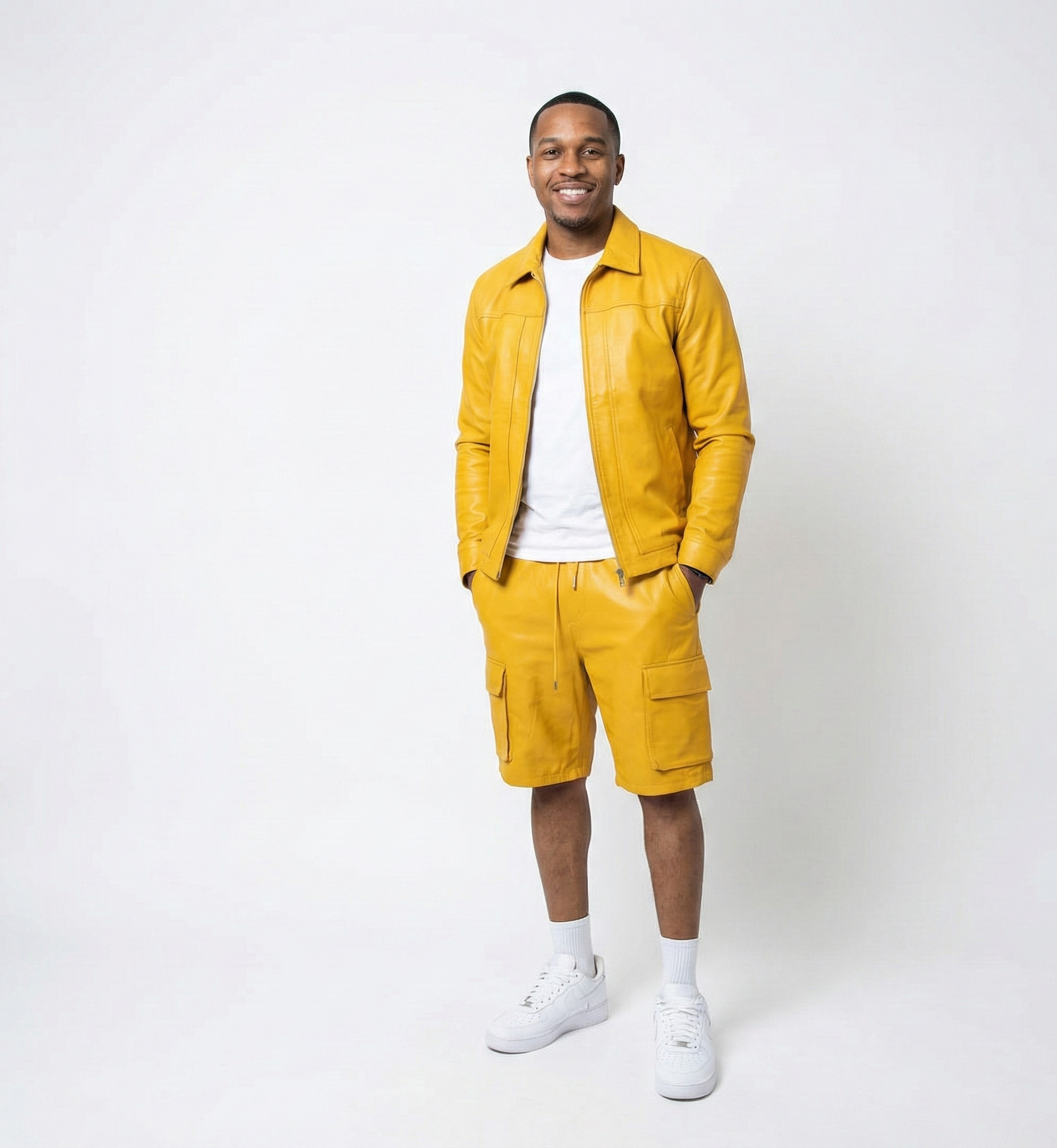 Men’s Yellow Leather Cargo Shorts – Casual Street Fit
