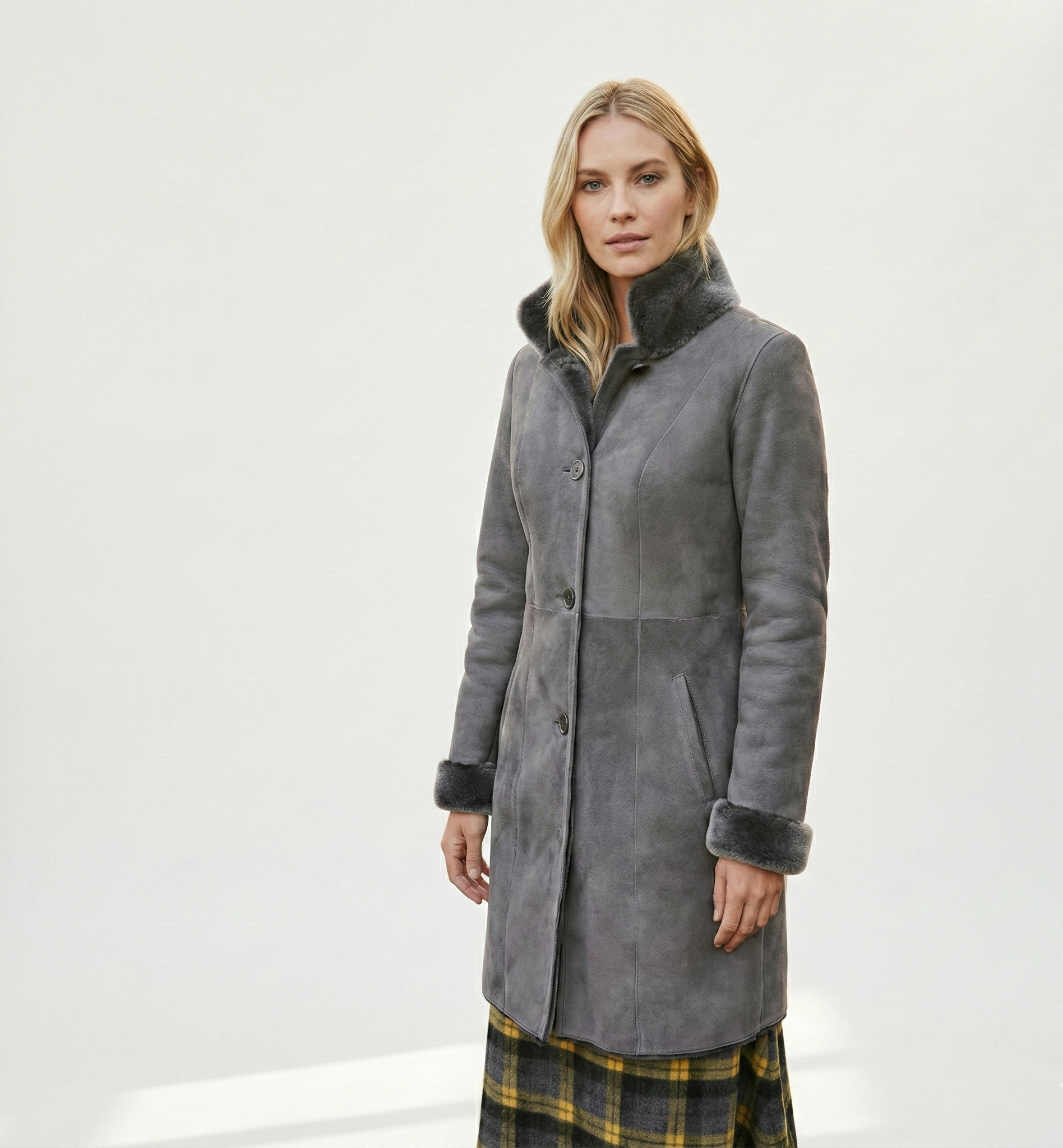 Women’s Grey Long Winter Coat with Soft Shearling