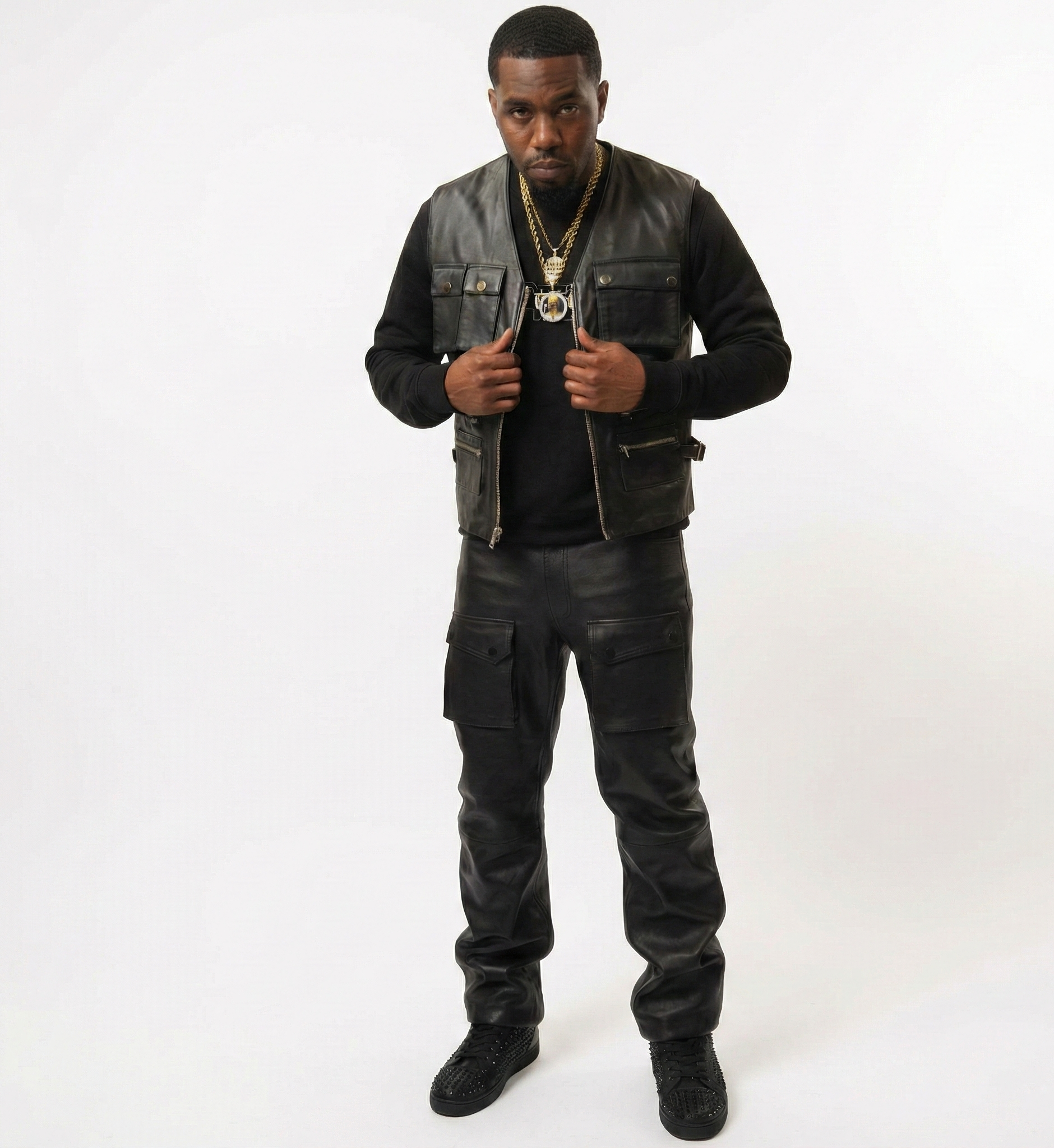 Men’s Black Leather Vest with Utility Pockets