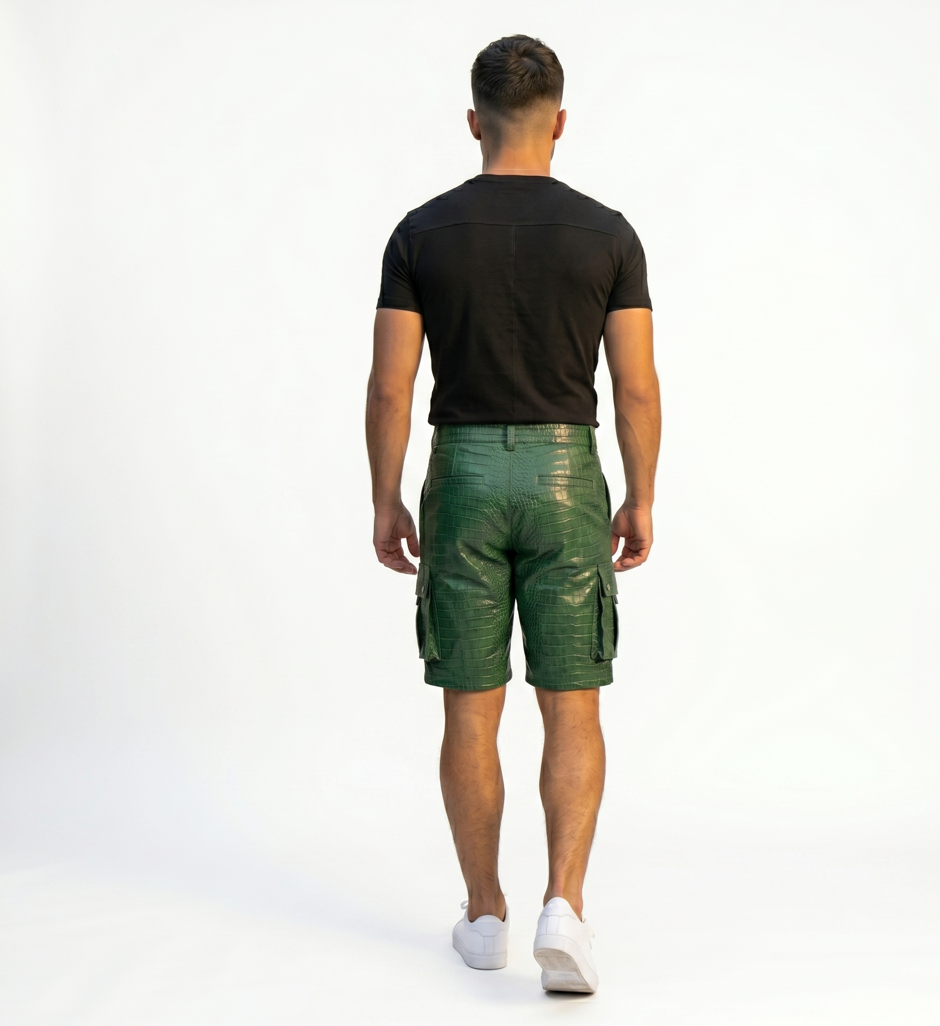 Men’s Green Crocodile Embossed Cargo Shorts – Designer Streetwear