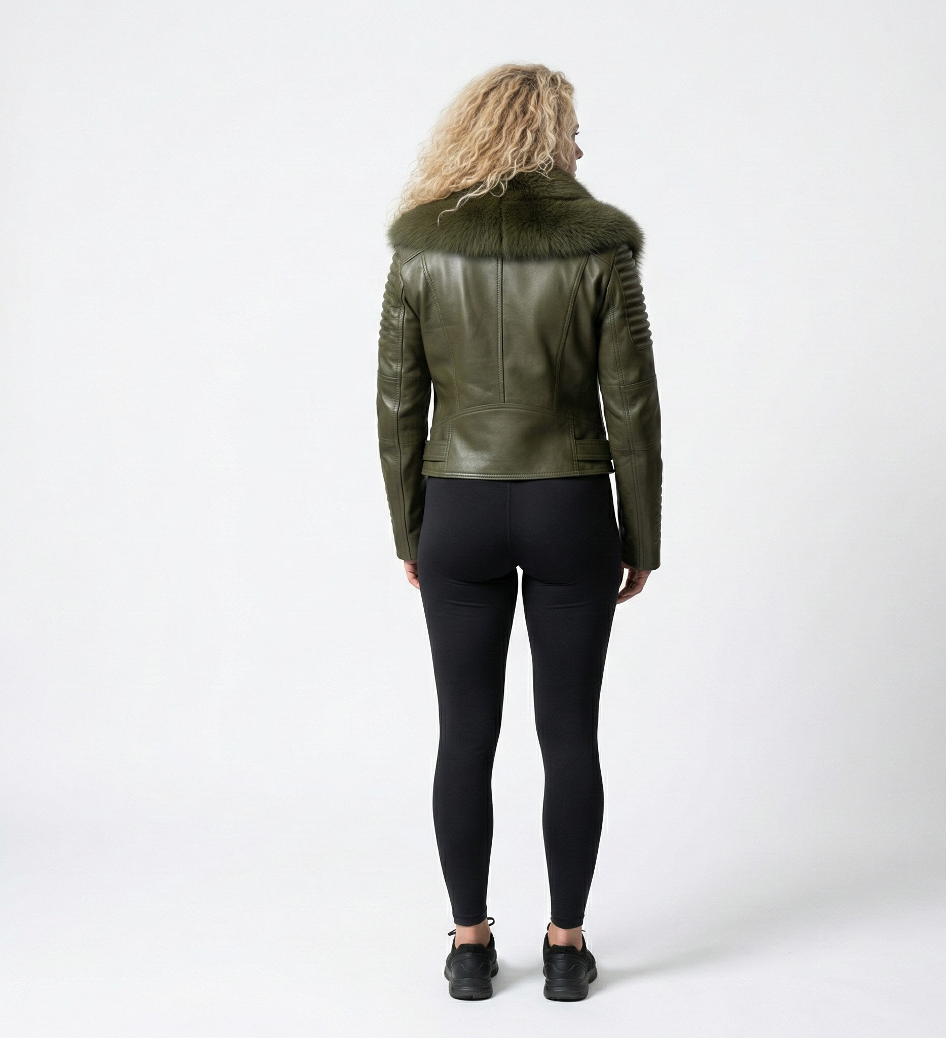 Women’s Olive Green Leather Moto Jacket with Fur Collar – Belted Biker Style