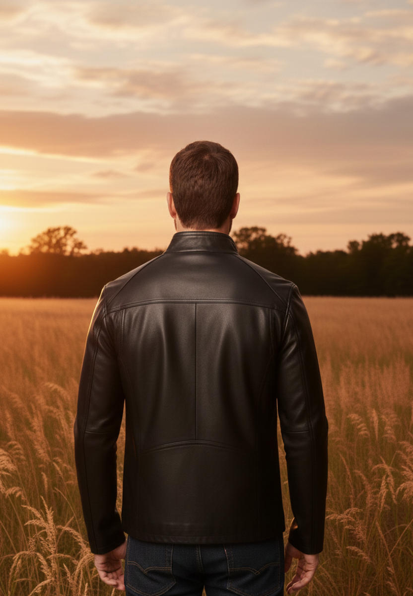 Man wearing a black leather jacket standing in a field with a sunset in the background