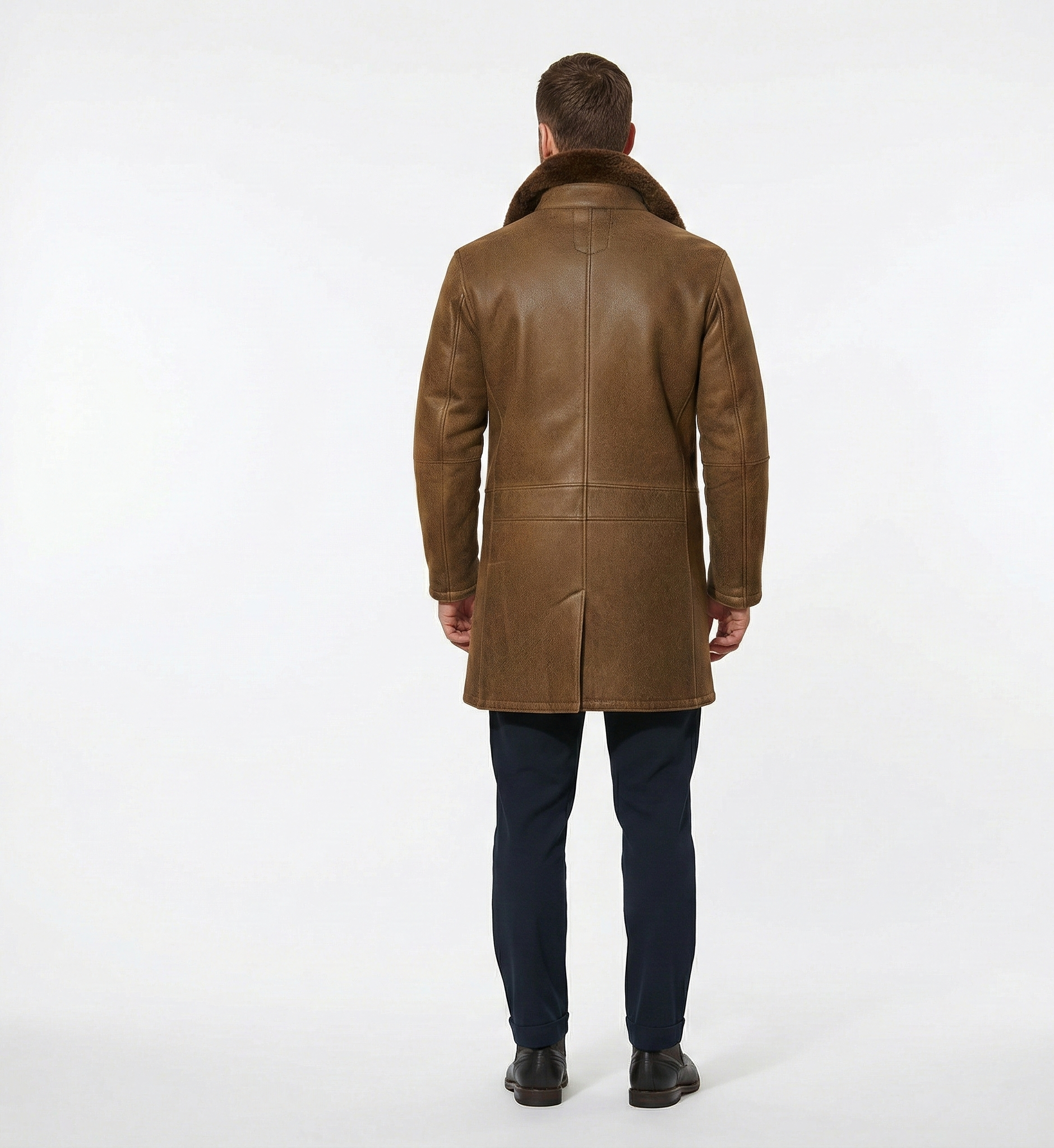 Men’s Leather Shearling Collar Coat – Classic Brown Winter Overcoat