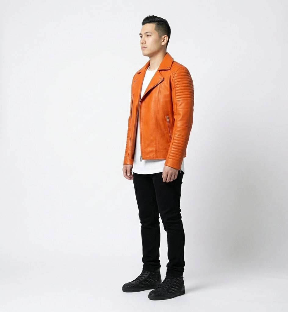 Men’s Orange Leather Biker Jacket with Ribbed Sleeves