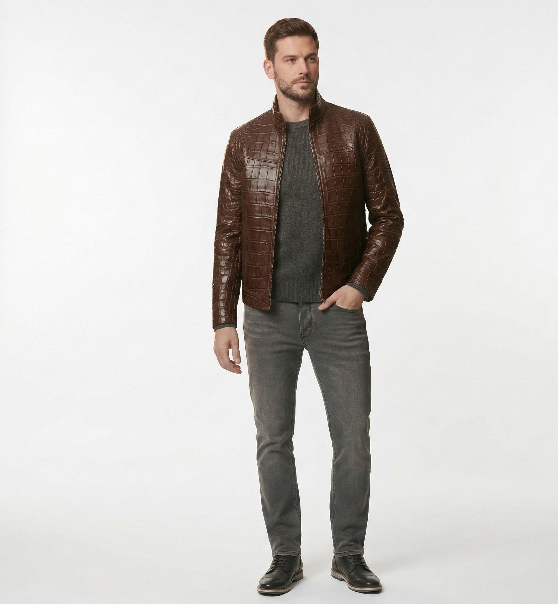 Men’s Crocodile Embossed Leather Jacket – Brown Luxury Designer Jacket