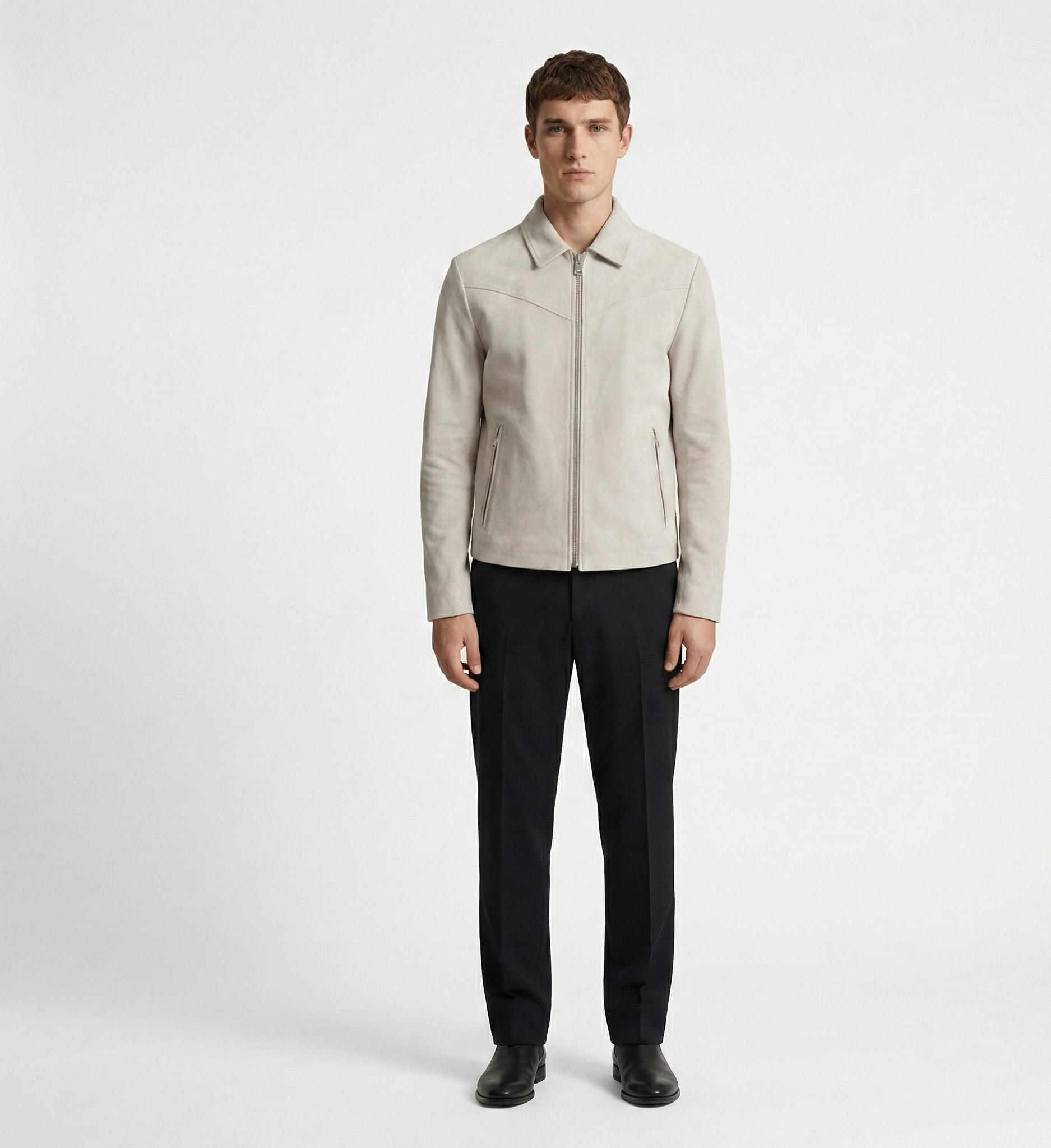 Men’s Light Beige Leather Zip Jacket – Clean Modern Fit