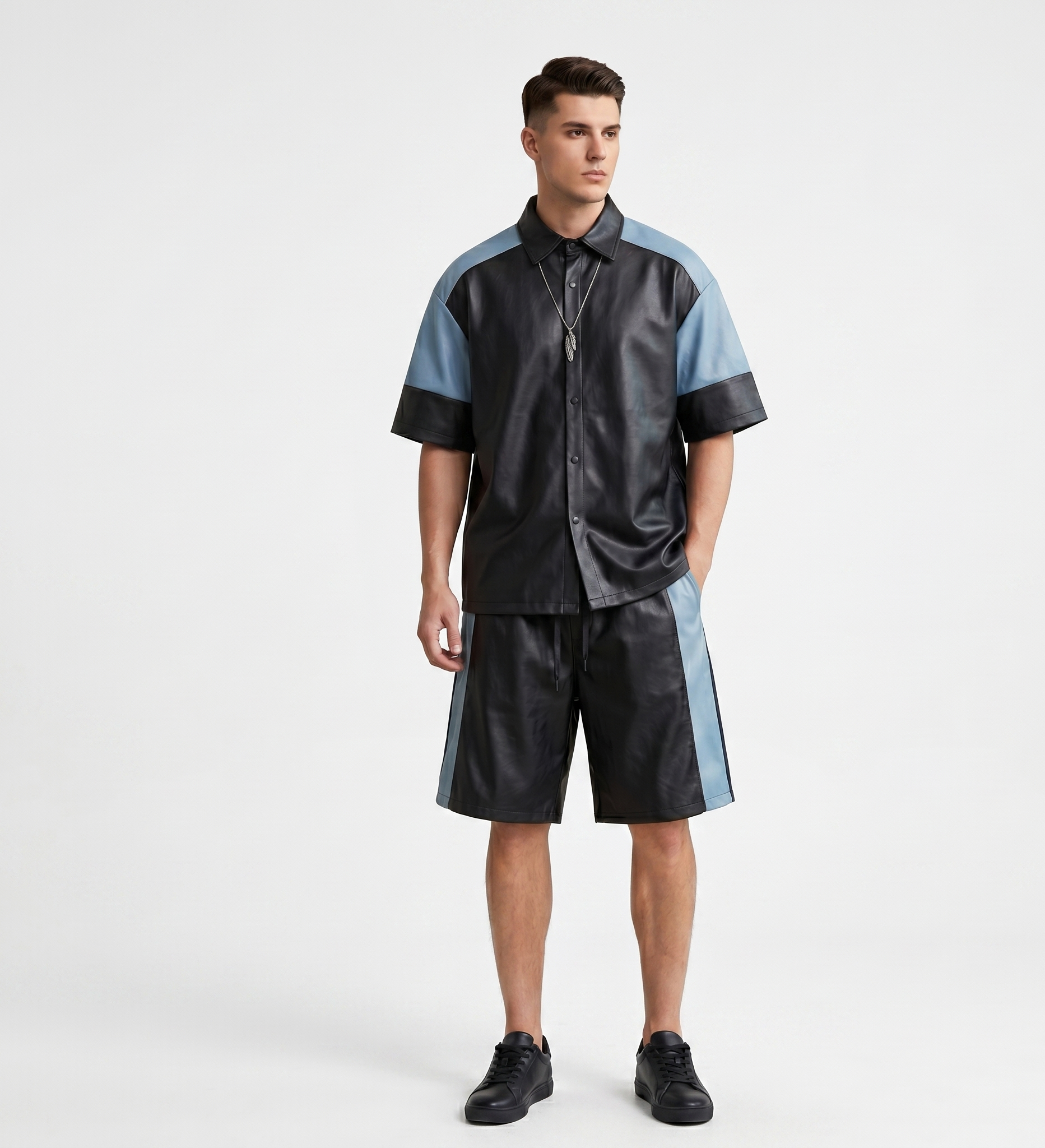 Men’s Black & Blue Real Leather Shirt and Shorts Set – Modern Streetwear