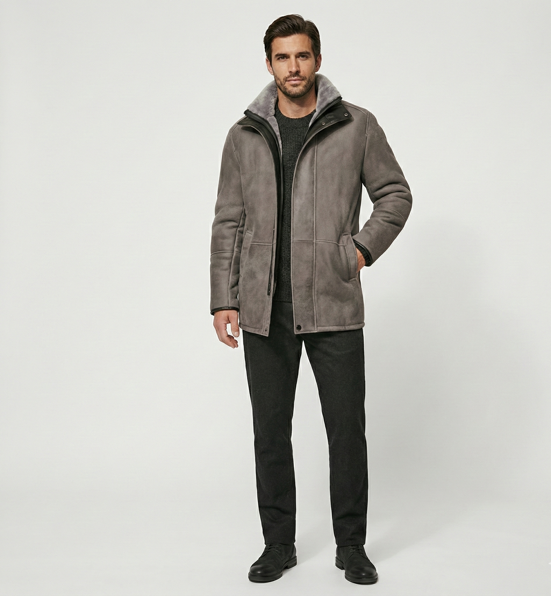 Men’s Grey Shearling-Lined Jacket | Winter Zip Coat