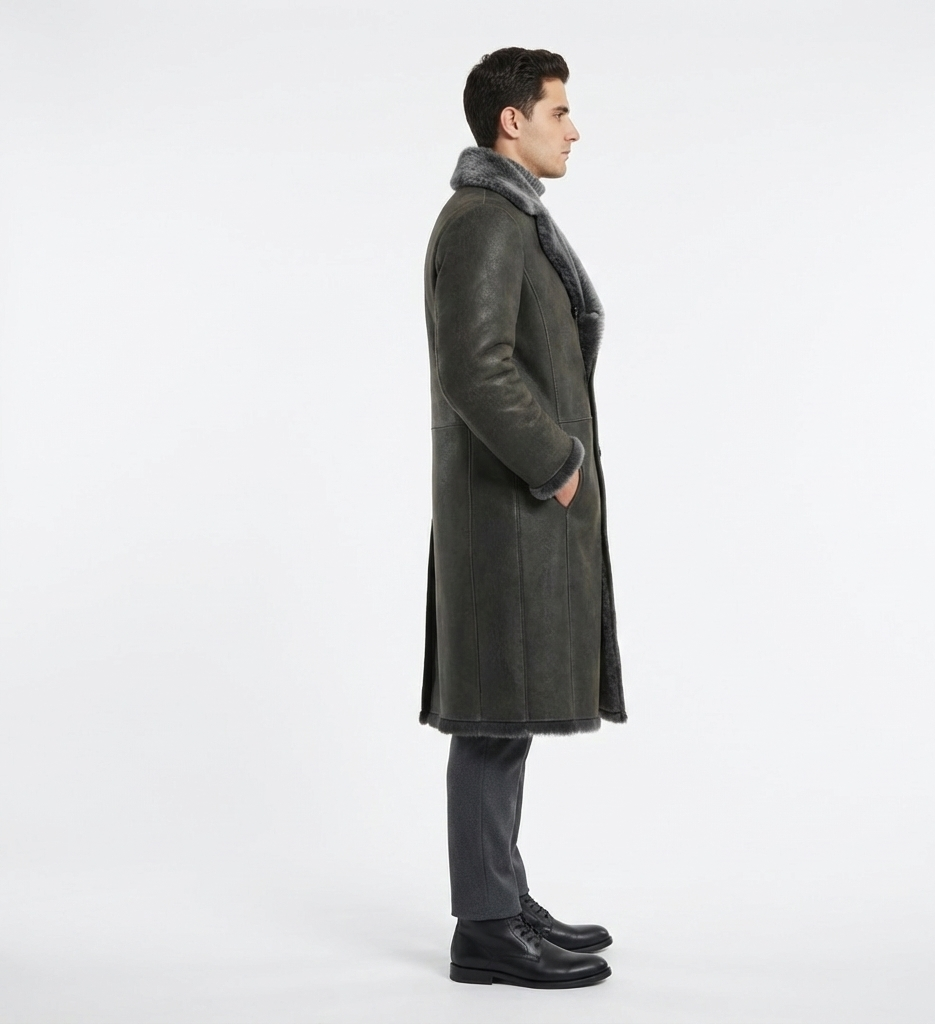 Men’s Long Shearling Coat with Plush Collar Winter Coat