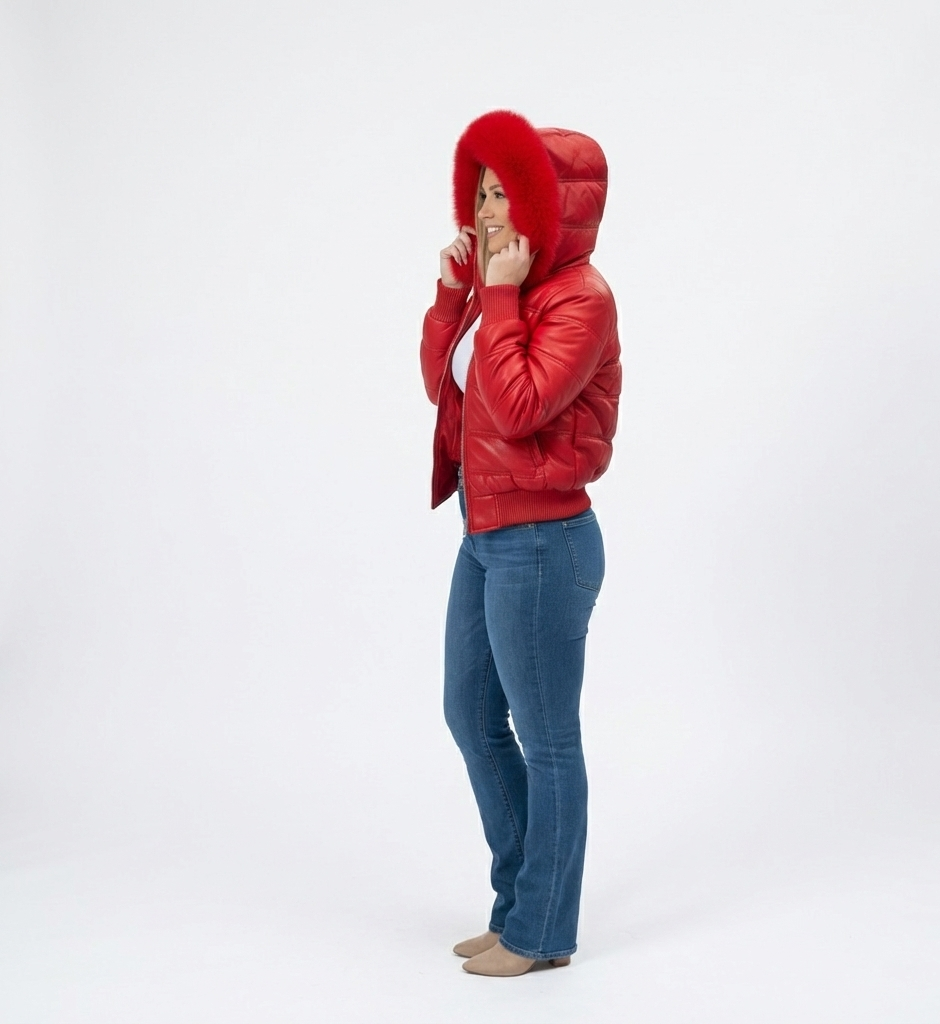 Women’s Red Puffer Jacket with Plush Fur Hood – Winter Wear