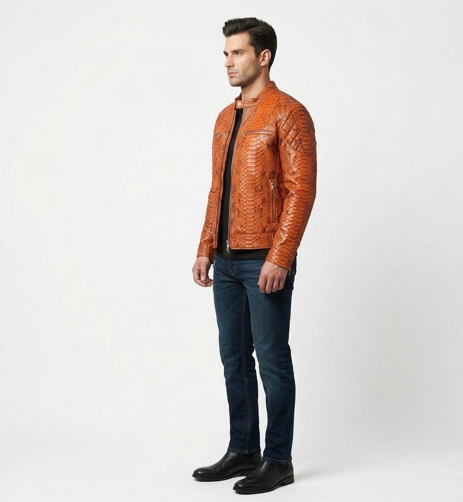 Men’s Orange Snakeskin Leather Jacket – Luxury Python Print Biker Style