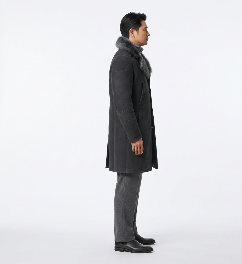 Men’s Shearling Collar Wool Coat – Black Mid-Length Winter Overcoat