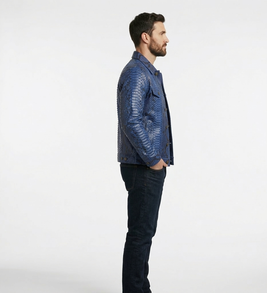 Men’s Blue Snakeskin Print Leather Jacket – Luxury Designer Jacket