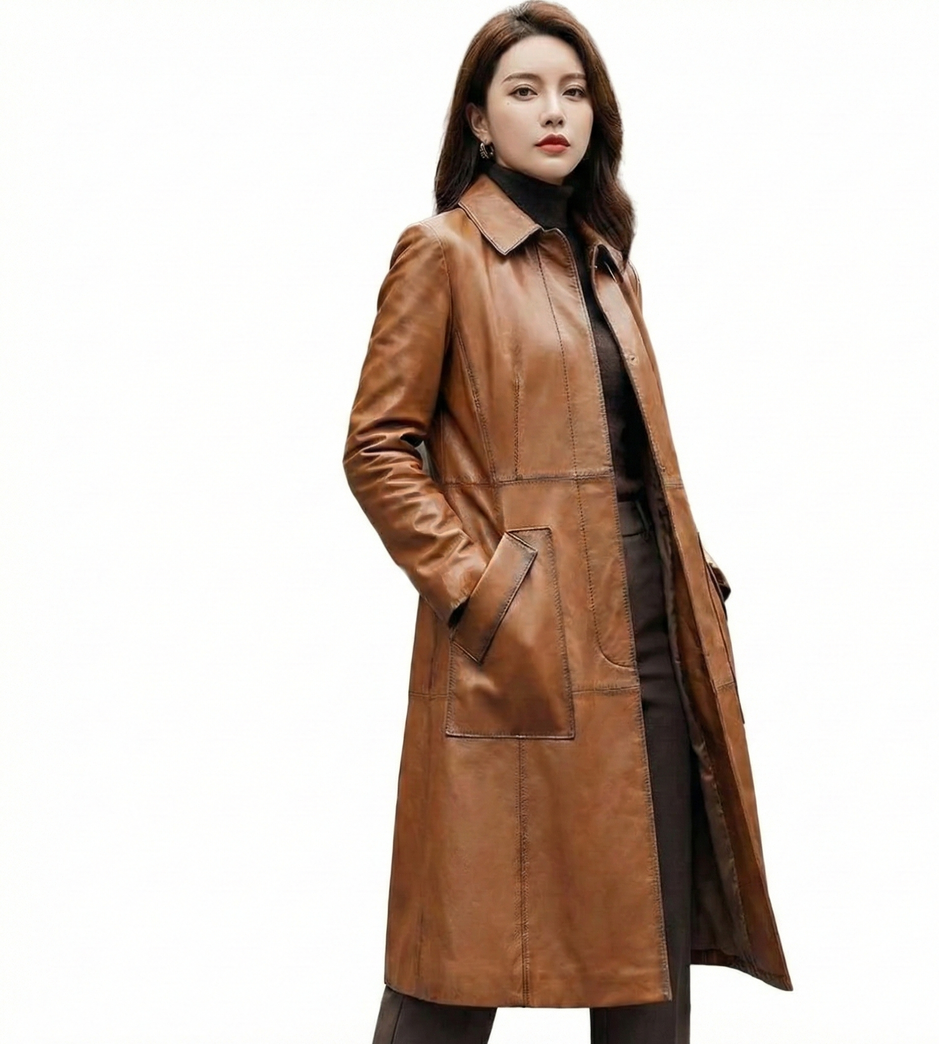 Women’s Real Leather Long Jacket – Stylish Brown Winter Coat